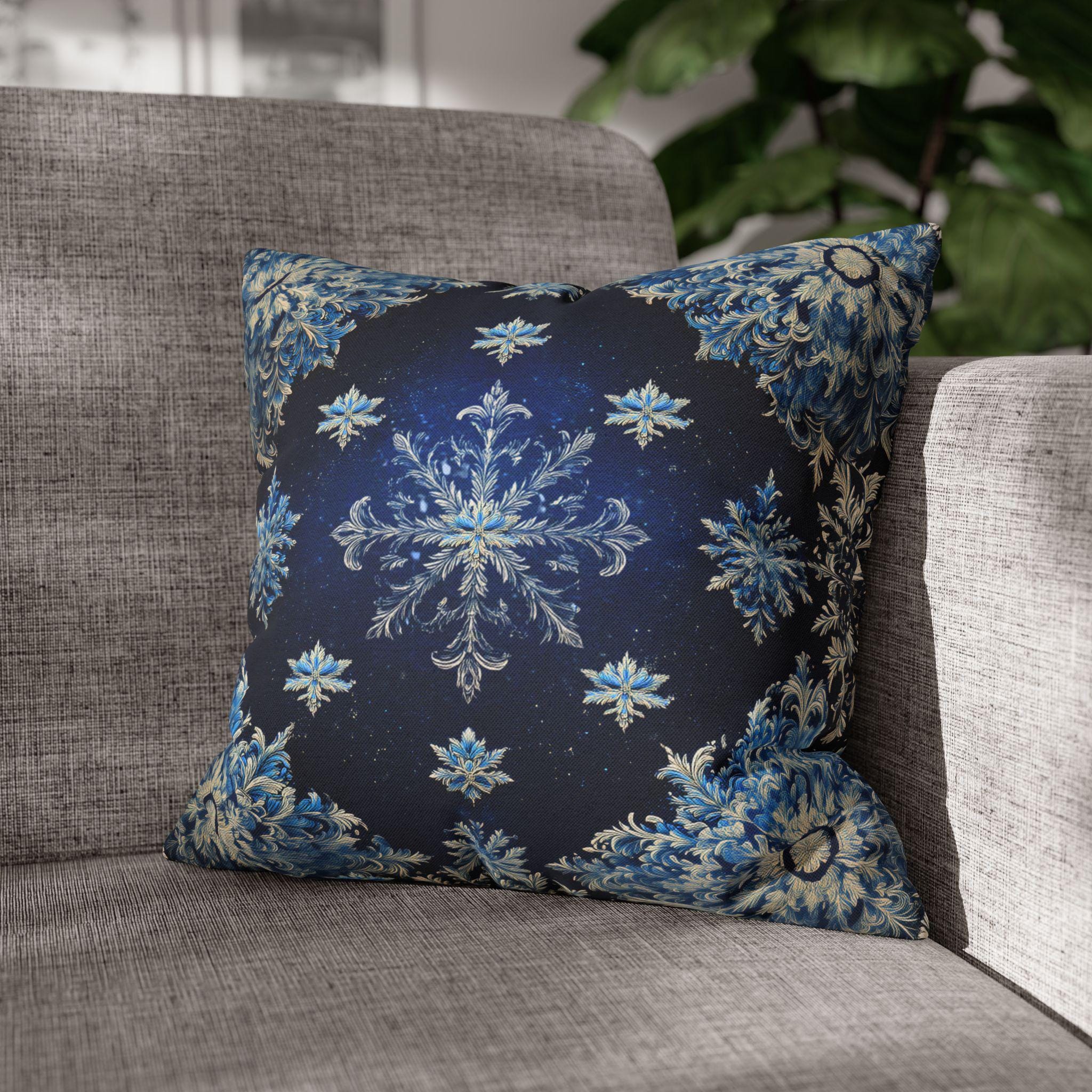 Sapphire Blue Snowflake Damask Christmas Throw Pillow Cover: Gold & White Winter Accent