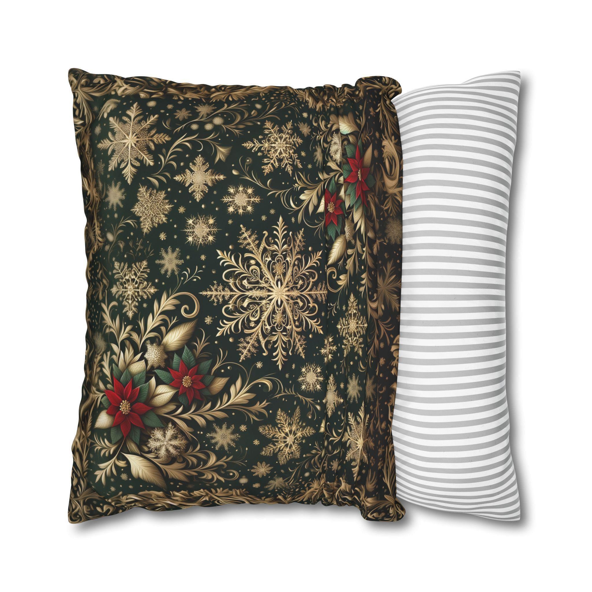Poinsettia Christmas Pillow Cover: Gold Snowflakes on Emerald Green