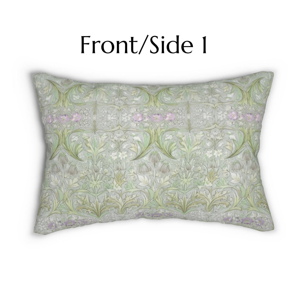 William Morris Inspired Lumbar Pillow: Soft Sage Botanical with Muted Lavender