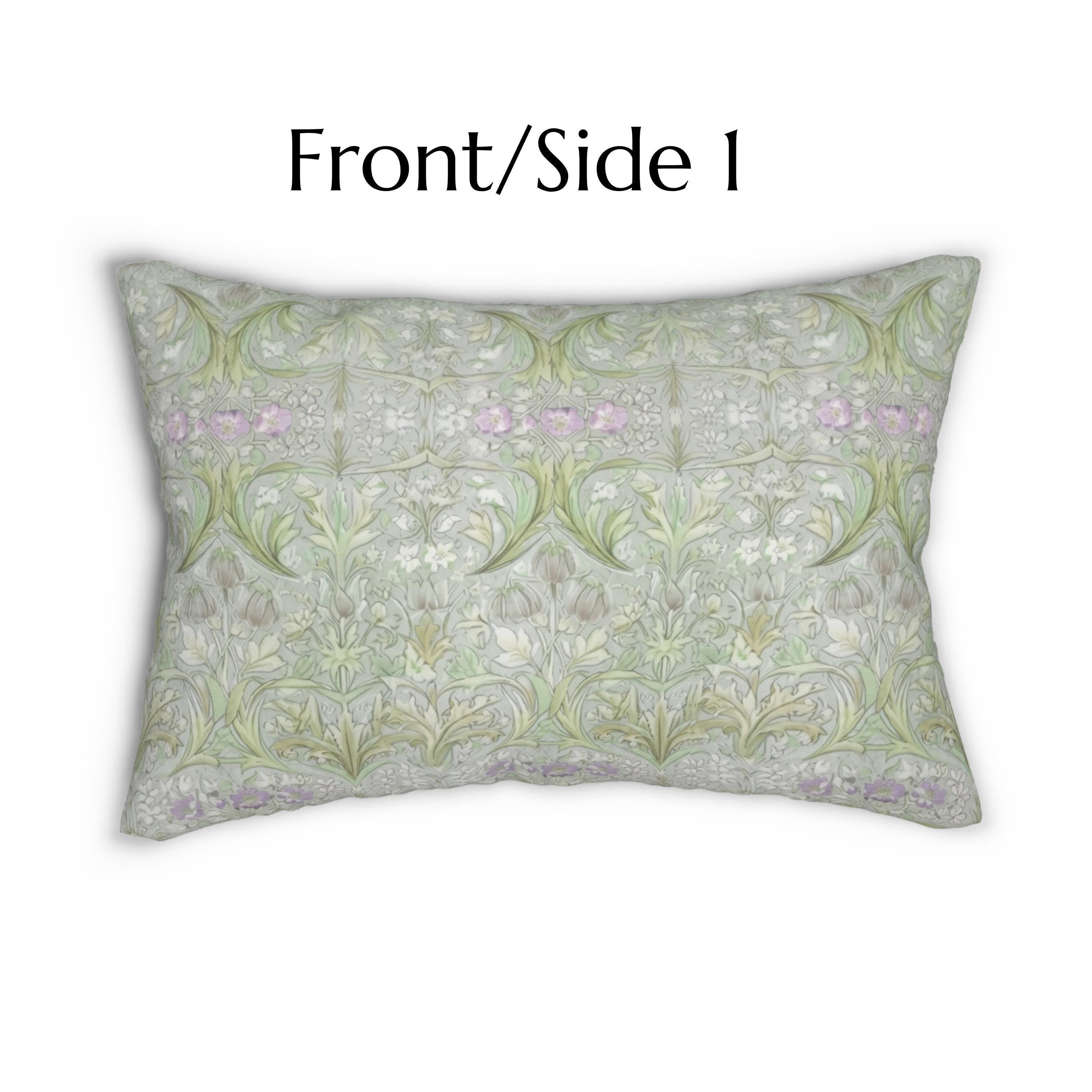 William Morris Inspired Lumbar Pillow: Soft Sage Botanical with Muted Lavender