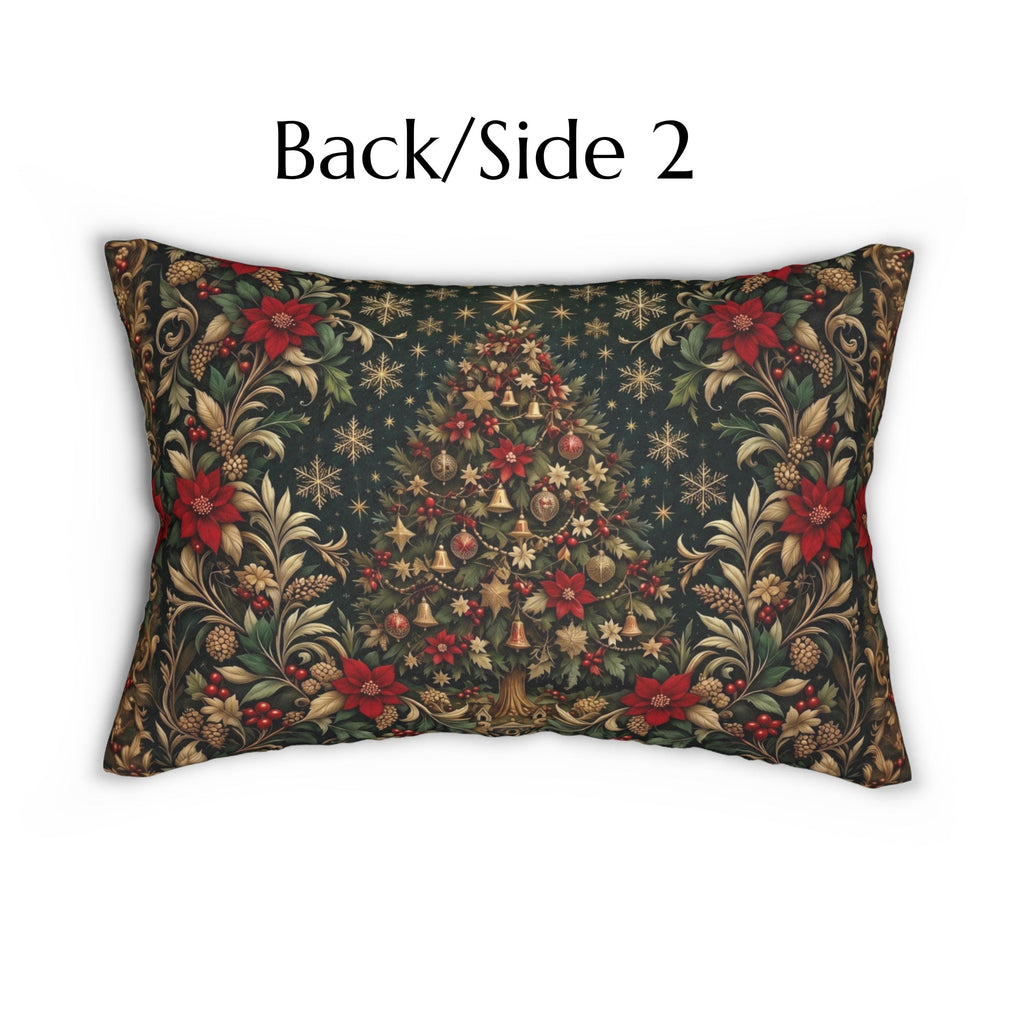 William Morris Christmas Lumbar Pillow: Vintage Style Emerald Green Poinsettia, Golden Snowflake