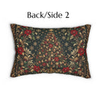 William Morris Christmas Lumbar Pillow: Vintage Style Emerald Green Poinsettia, Golden Snowflake