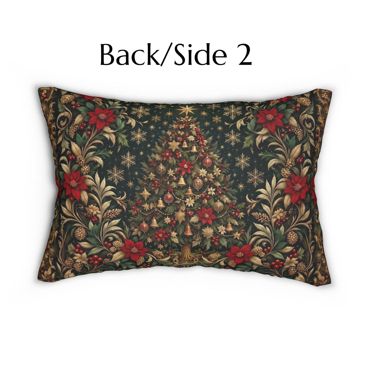 William Morris Christmas Lumbar Pillow: Vintage Style Emerald Green Poinsettia, Golden Snowflake