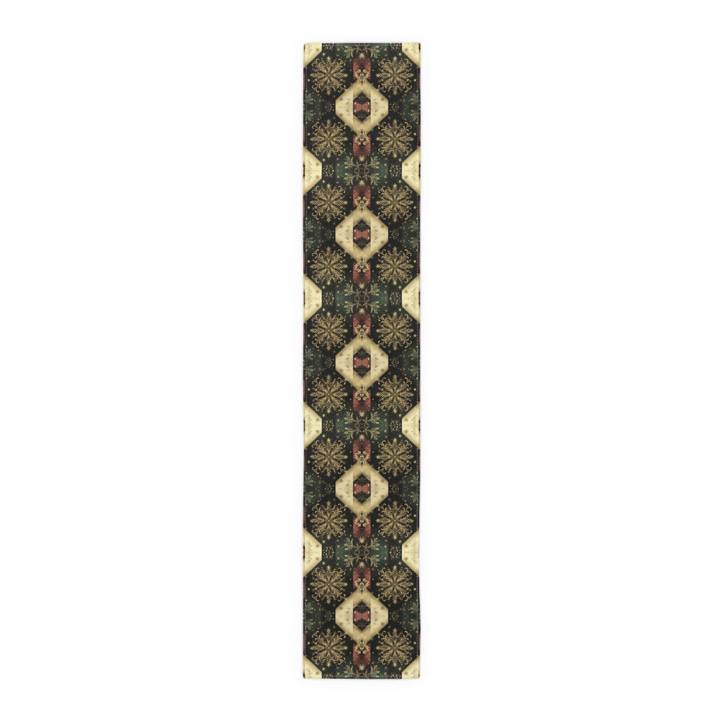 Festive Gold Snowflake Table Runner: Elegant Christmas Dining Decor in Green, Charcoal & Red