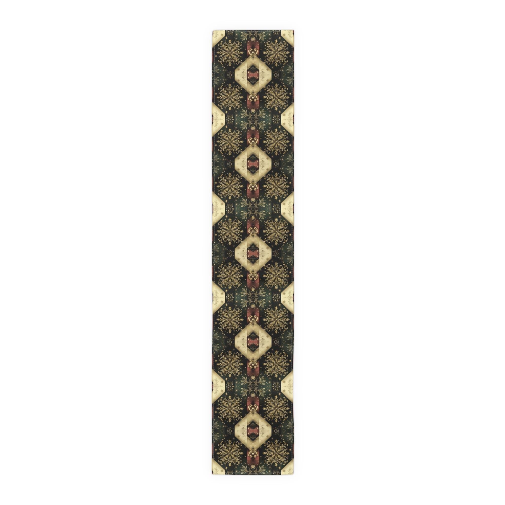 Festive Gold Snowflake Table Runner: Elegant Christmas Dining Decor in Green, Charcoal & Red
