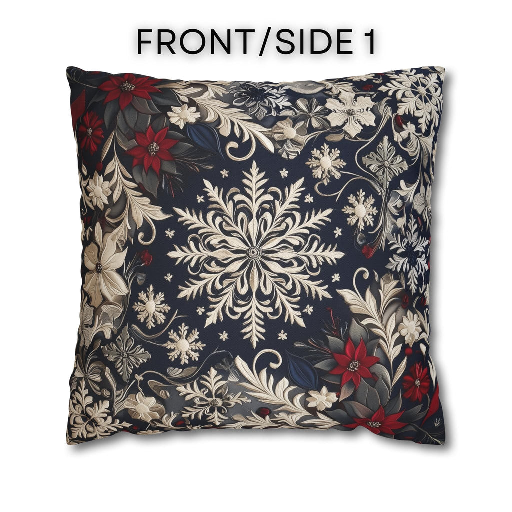 Christmas Snowflake & Poinsettia Pillow Cover: Navy Blue Cream and Garnet Red Cushion Case