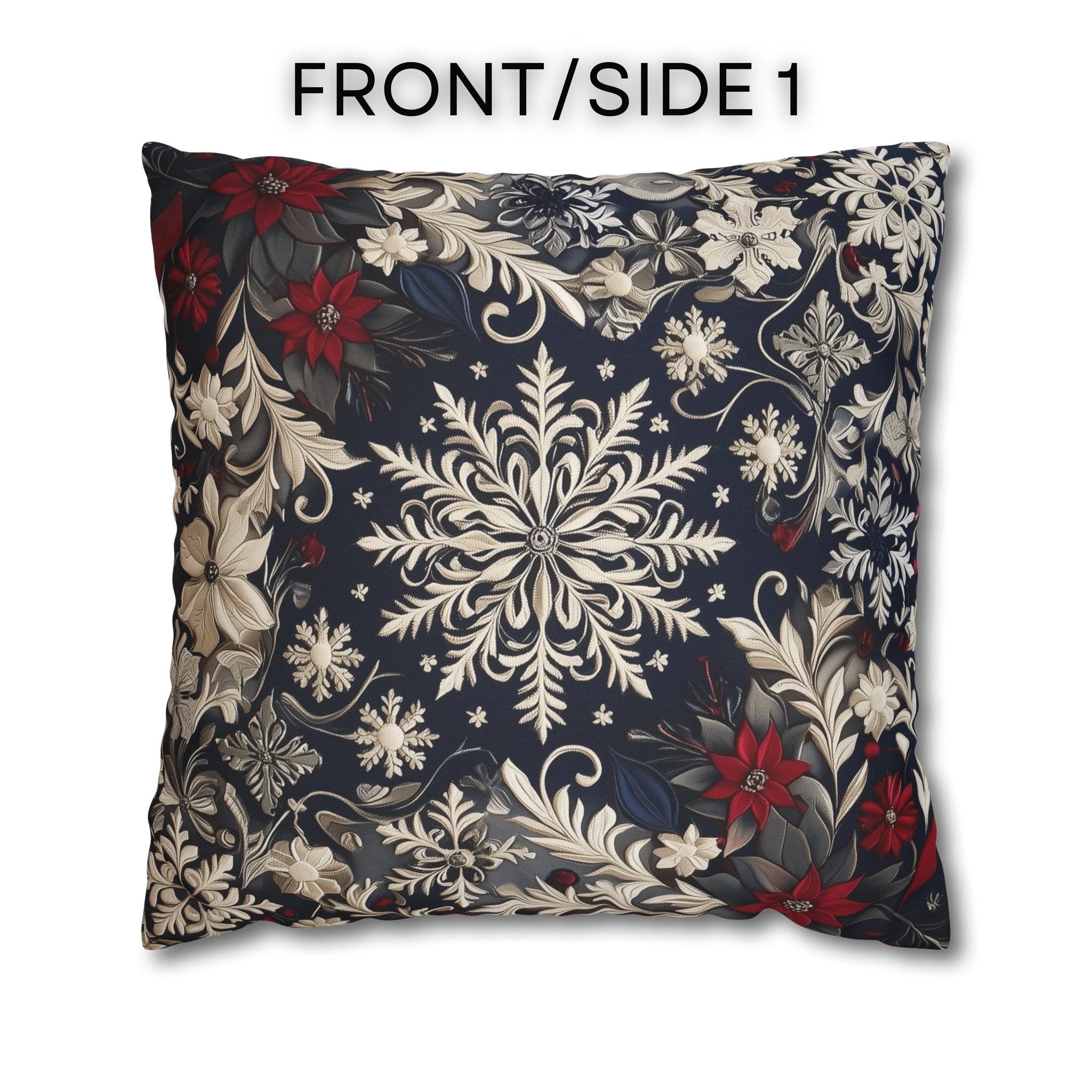 Christmas Snowflake & Poinsettia Pillow Cover: Navy Blue Cream and Garnet Red Cushion Case