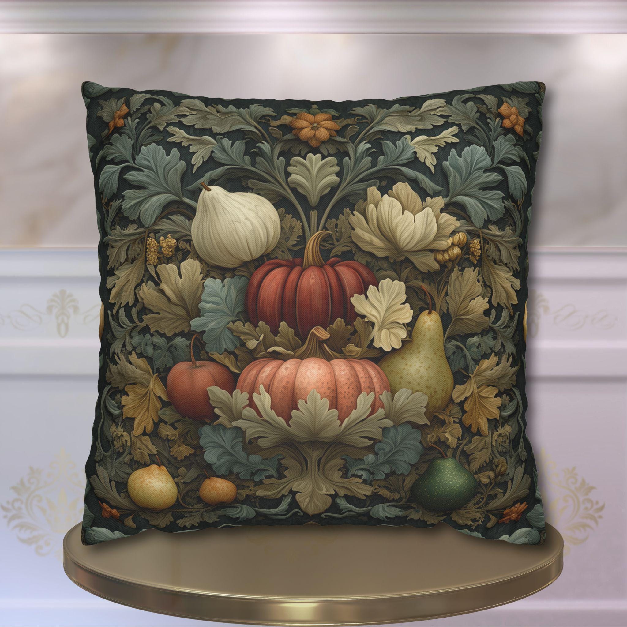 William Morris Botanical Pillow Cover: Vintage Ivory Pumpkin Harvest for Autumn Home Decor