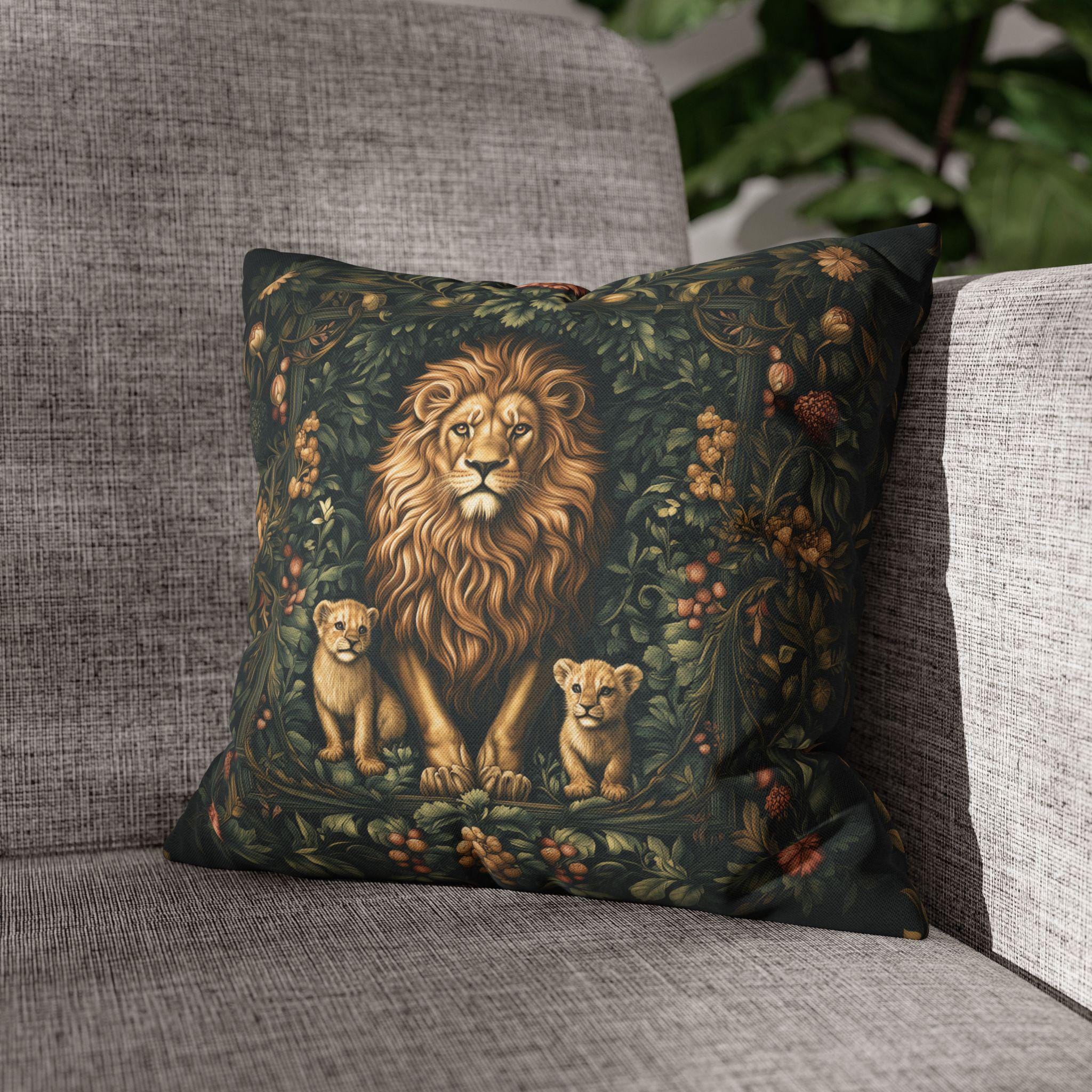 Regal Lion Pillow Cover: William Morris Inspired Botanical Cushion with Jungle Motif
