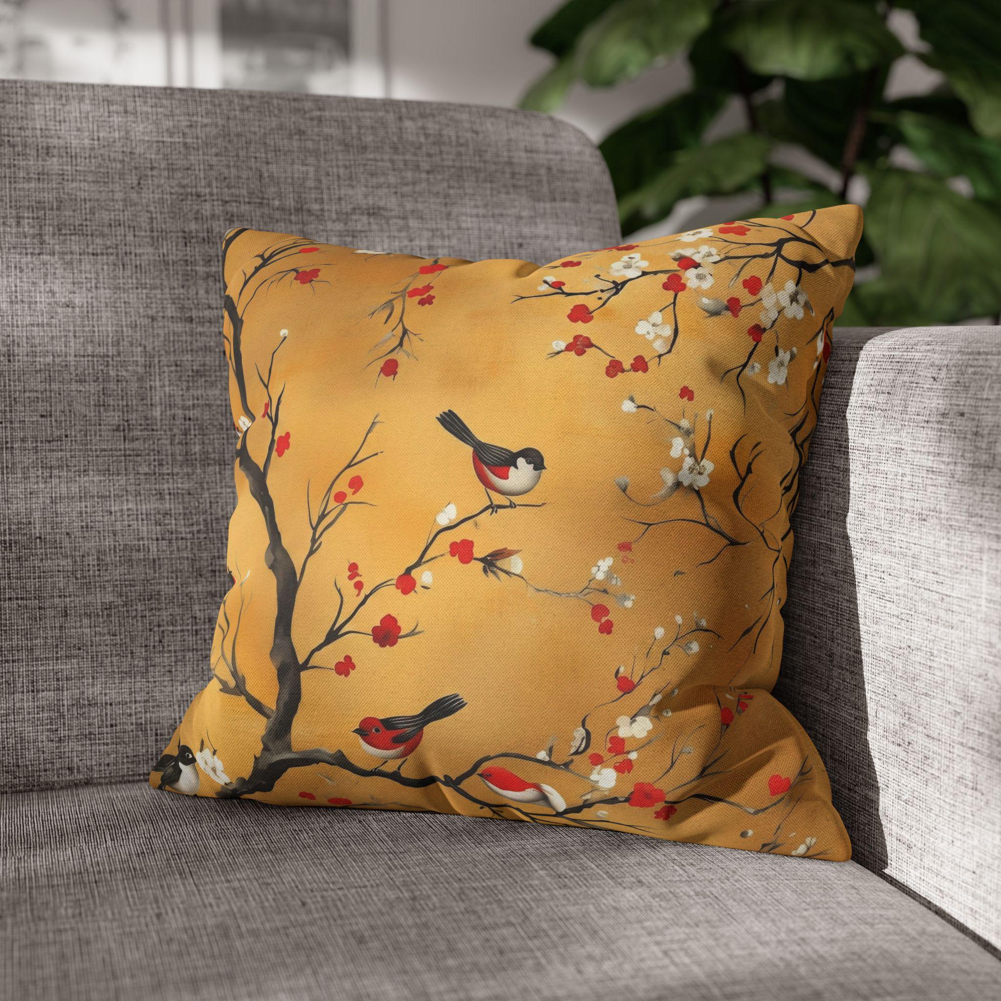 Chinoiserie Pillow Cover: Gold, Red Blossoms & Birds - Asian Decor