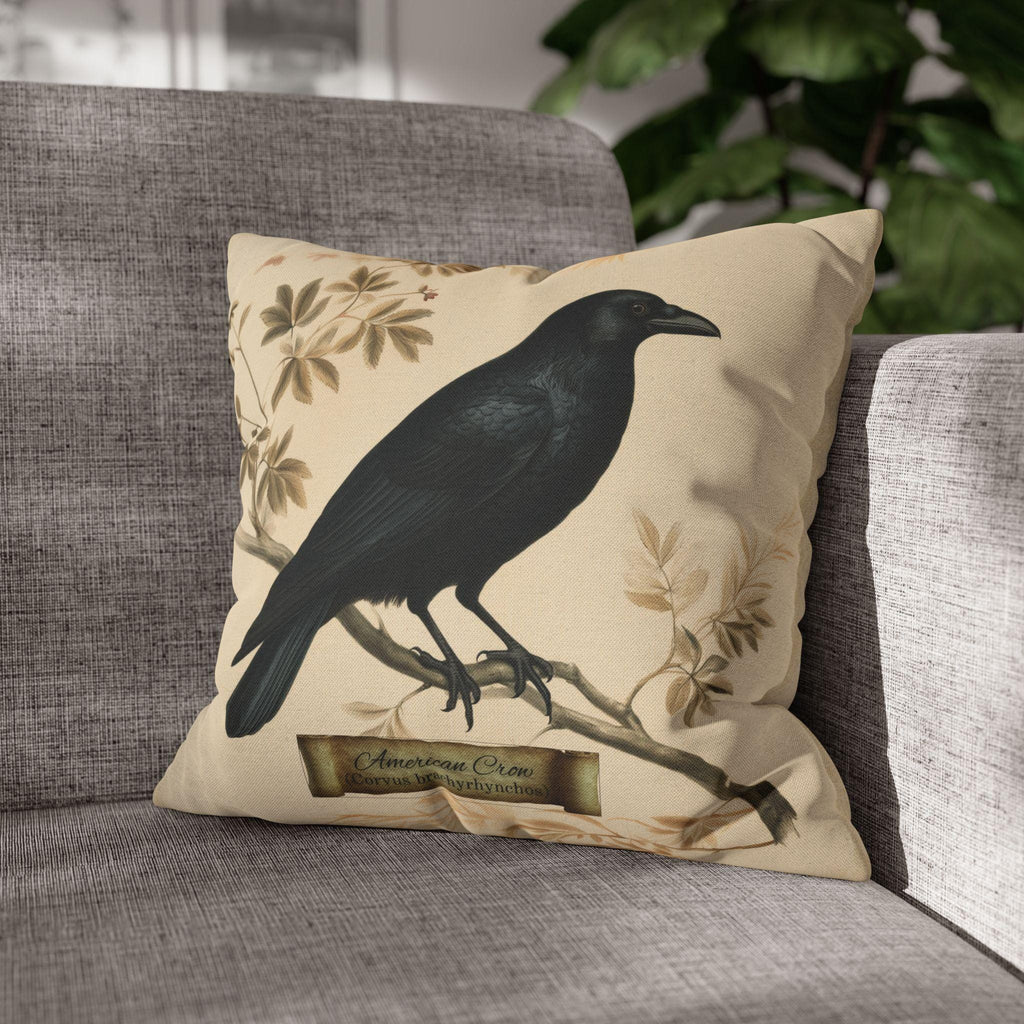 Halloween Crow Pillow Cover: Vintage Style Scientific Bird Illustration