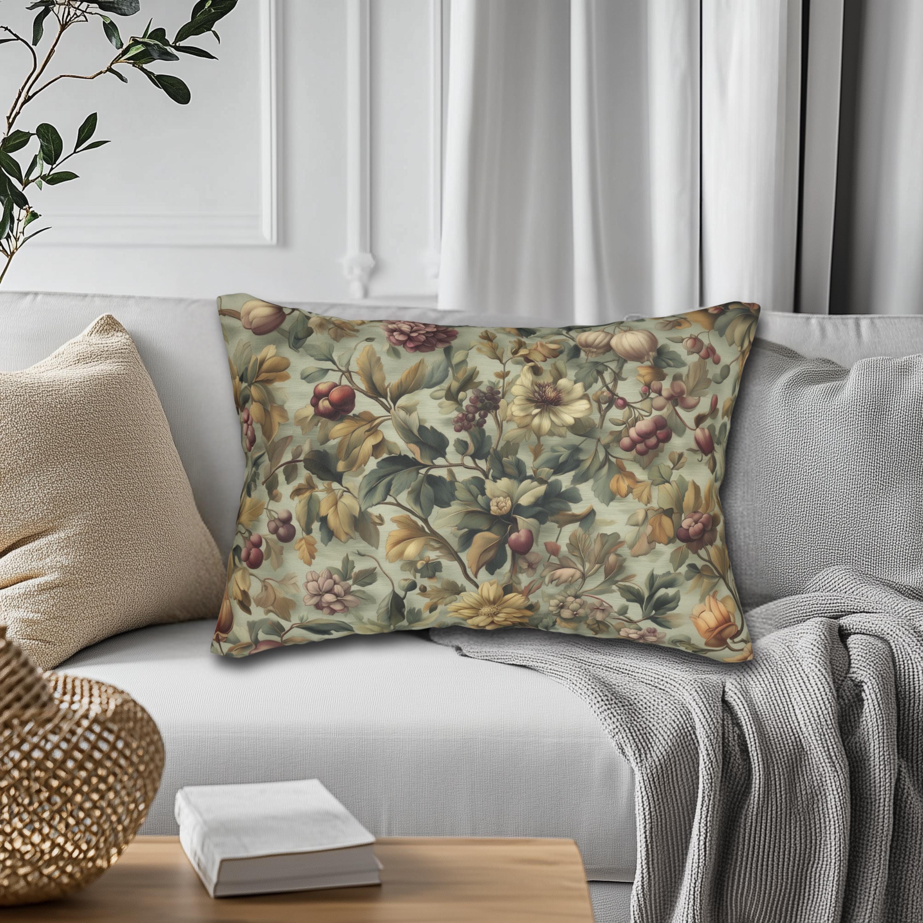 Vintage-Inspired Fall Botanical Lumbar Pillow: Sage, Wine, Wheat Hues for Cozy Home Decor