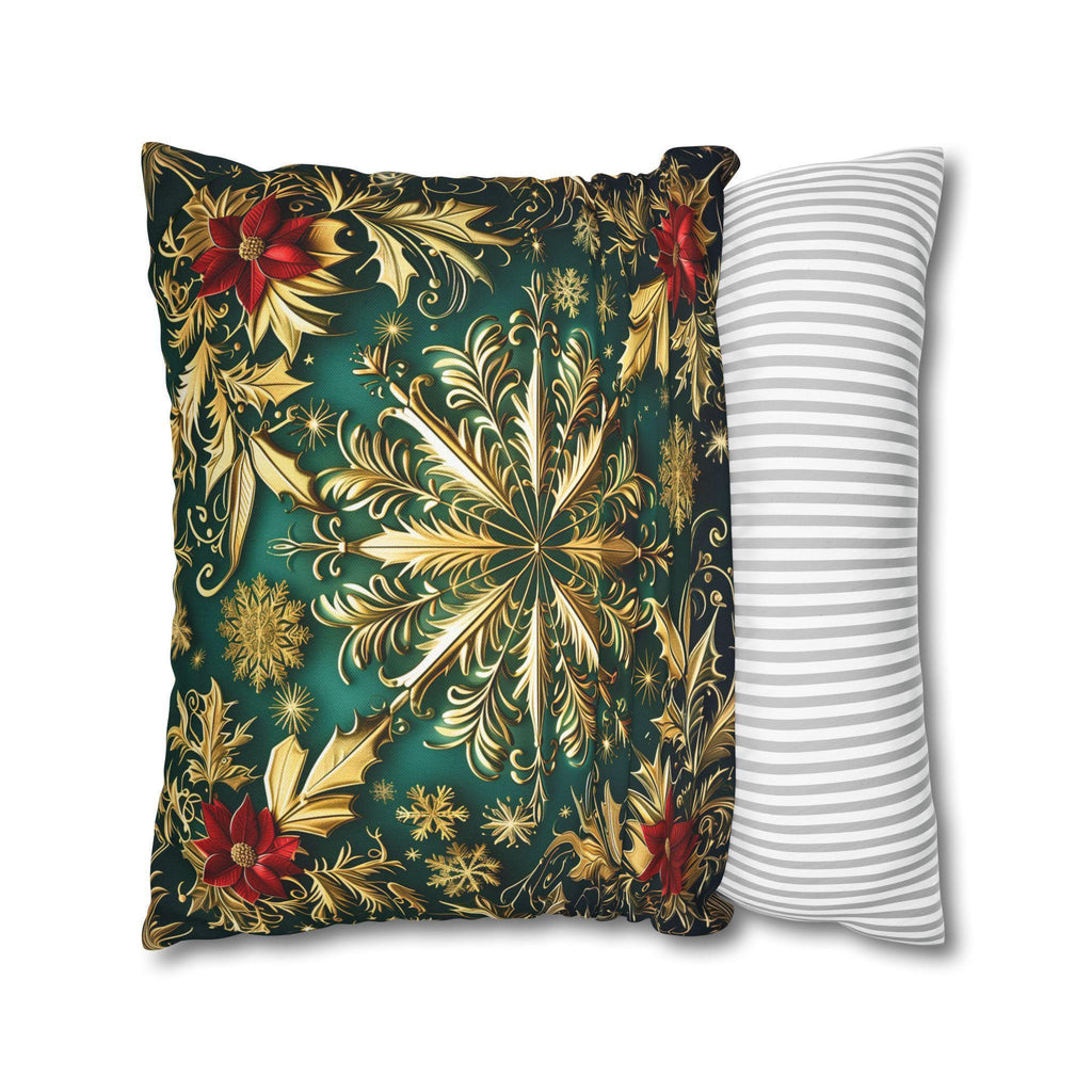 Christmas Snowflake Pillow Cover, Elegant Emerald Green and Gold Design, Luxury Cushion Cover