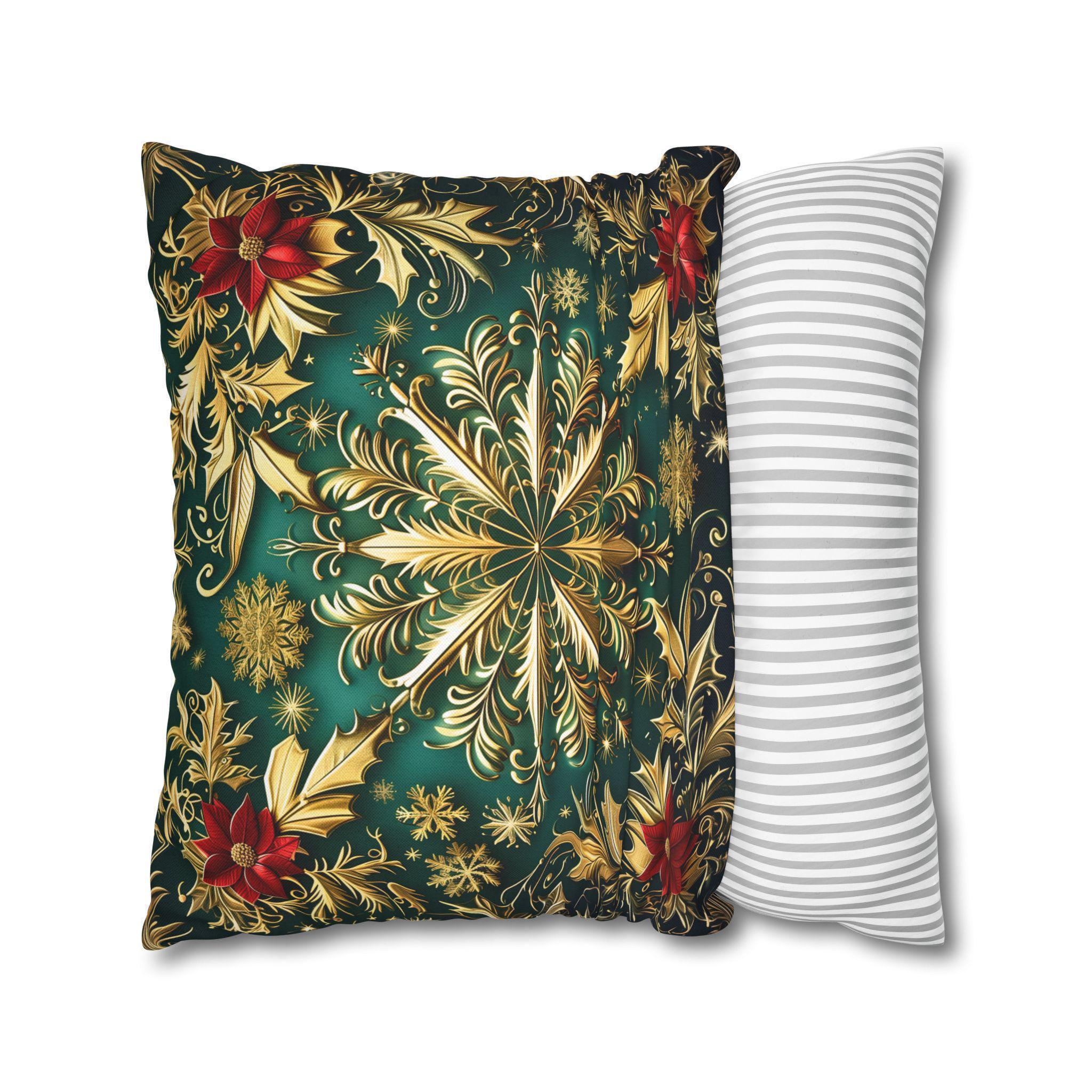 Christmas Snowflake Pillow Cover, Elegant Emerald Green and Gold Design, Luxury Cushion Cover