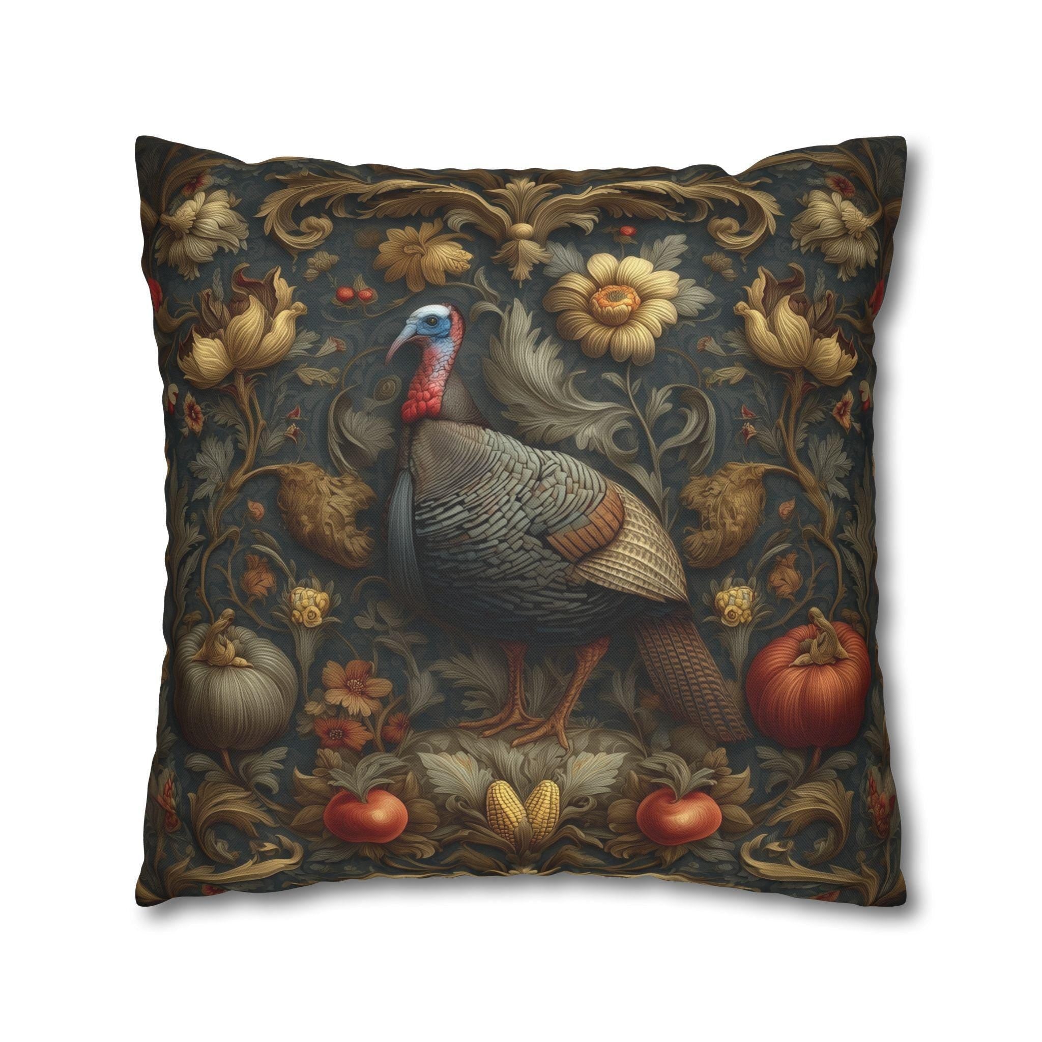 William Morris Wild Turkey Tapestry Pillow Cover: Autumn Harvest Thanksgiving Decor