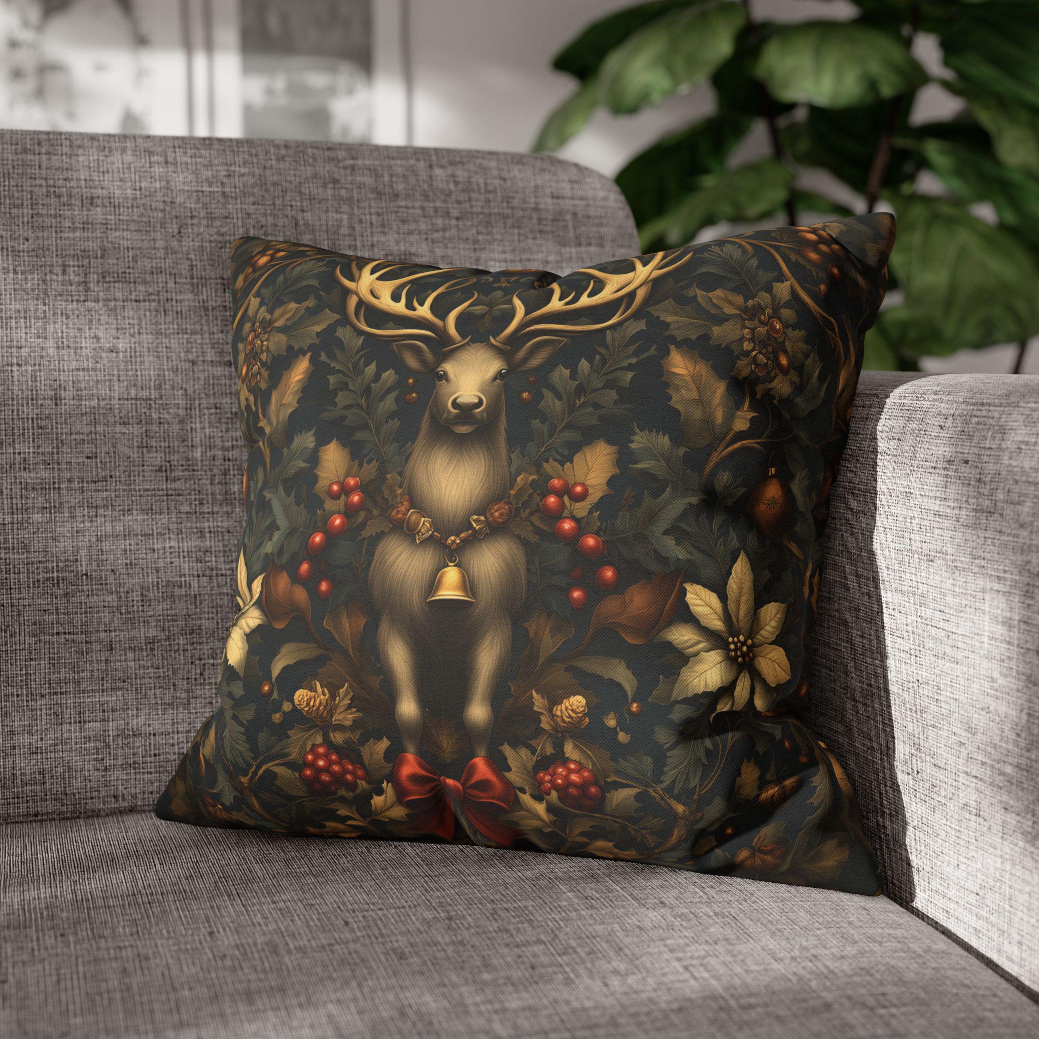 Reindeer Christmas Pillow Cover: William Morris Inspired Botanical Holiday Accent