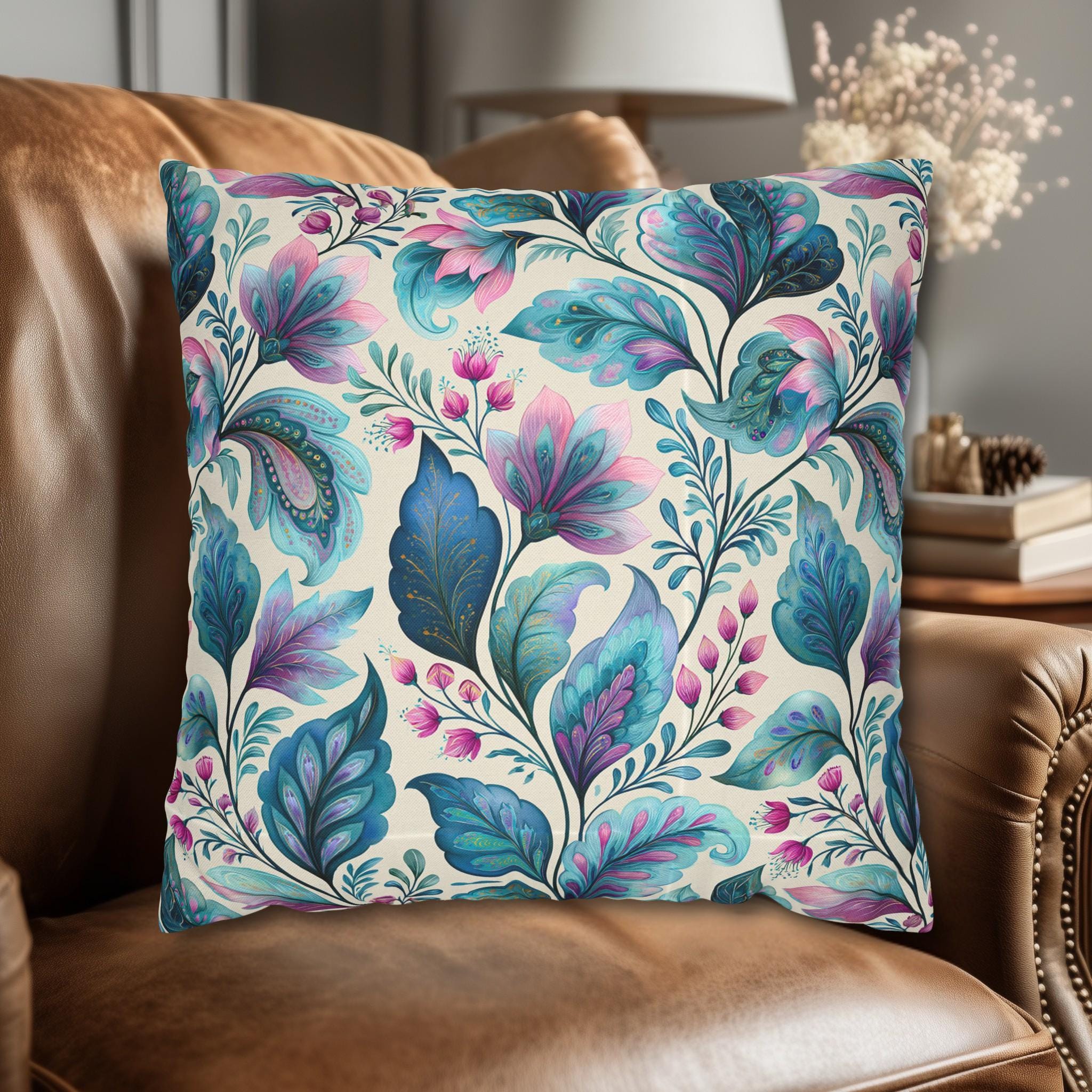 Botanical Paisley Pillow Cover: Watercolor Jewel Tone in Teal, Aqua, Violet and Pink