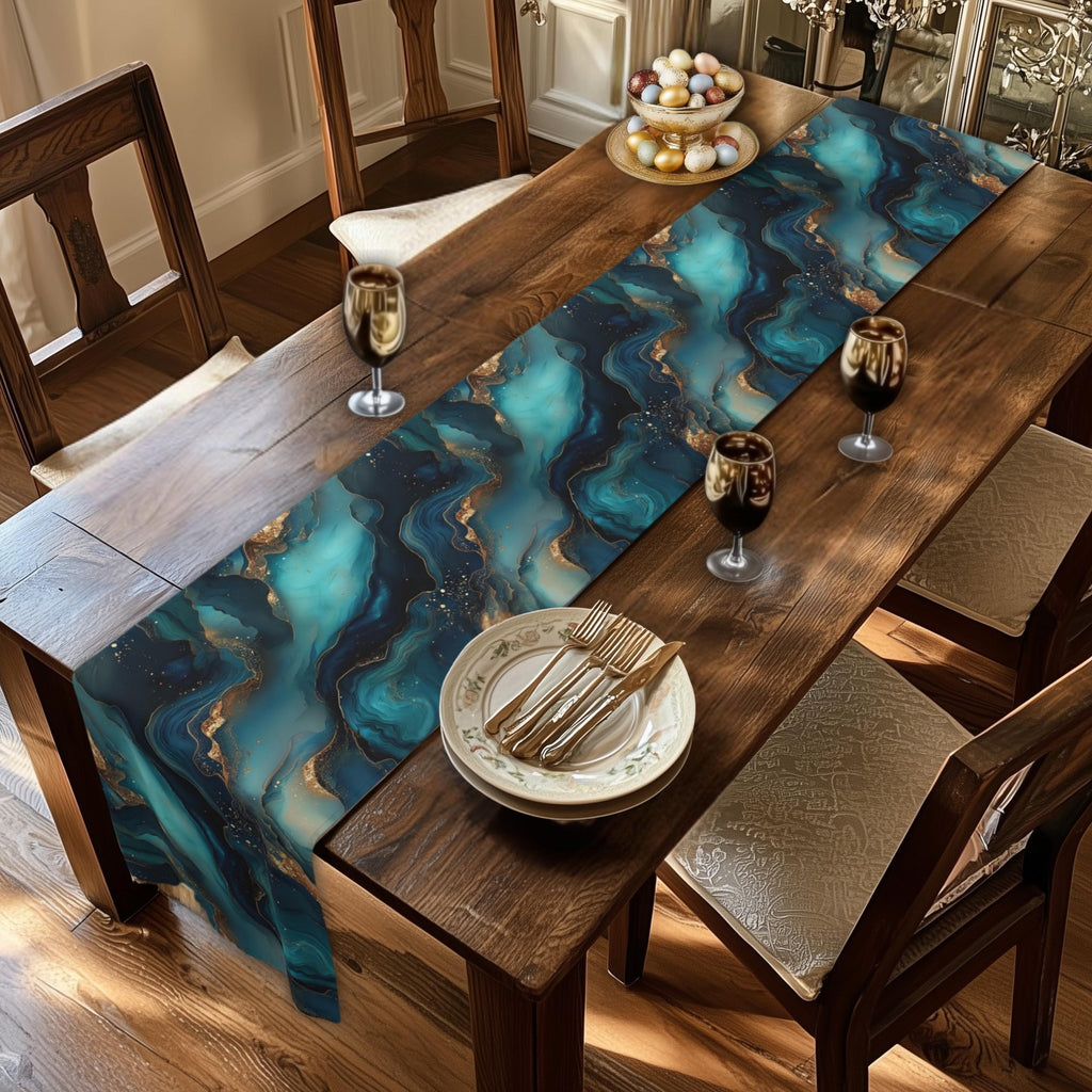 Modern Abstract Ocean Waves Table Runner: Teal, Navy and Gold Coastal Luxe Decor