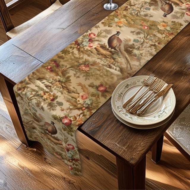French Country Pheasant Table Runner: Vintage Style Toile Bird Dining Decor