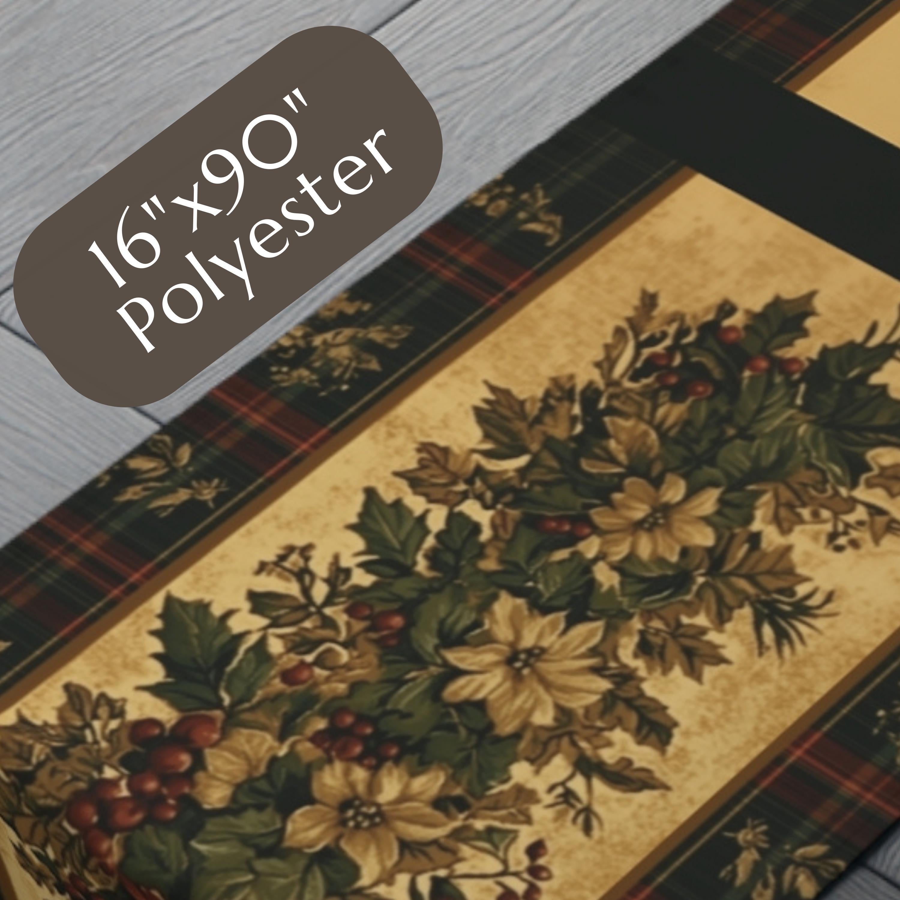 Plaid Botanical Stripes Christmas Table Runner: Vintage Style with Poinsettias and Holly