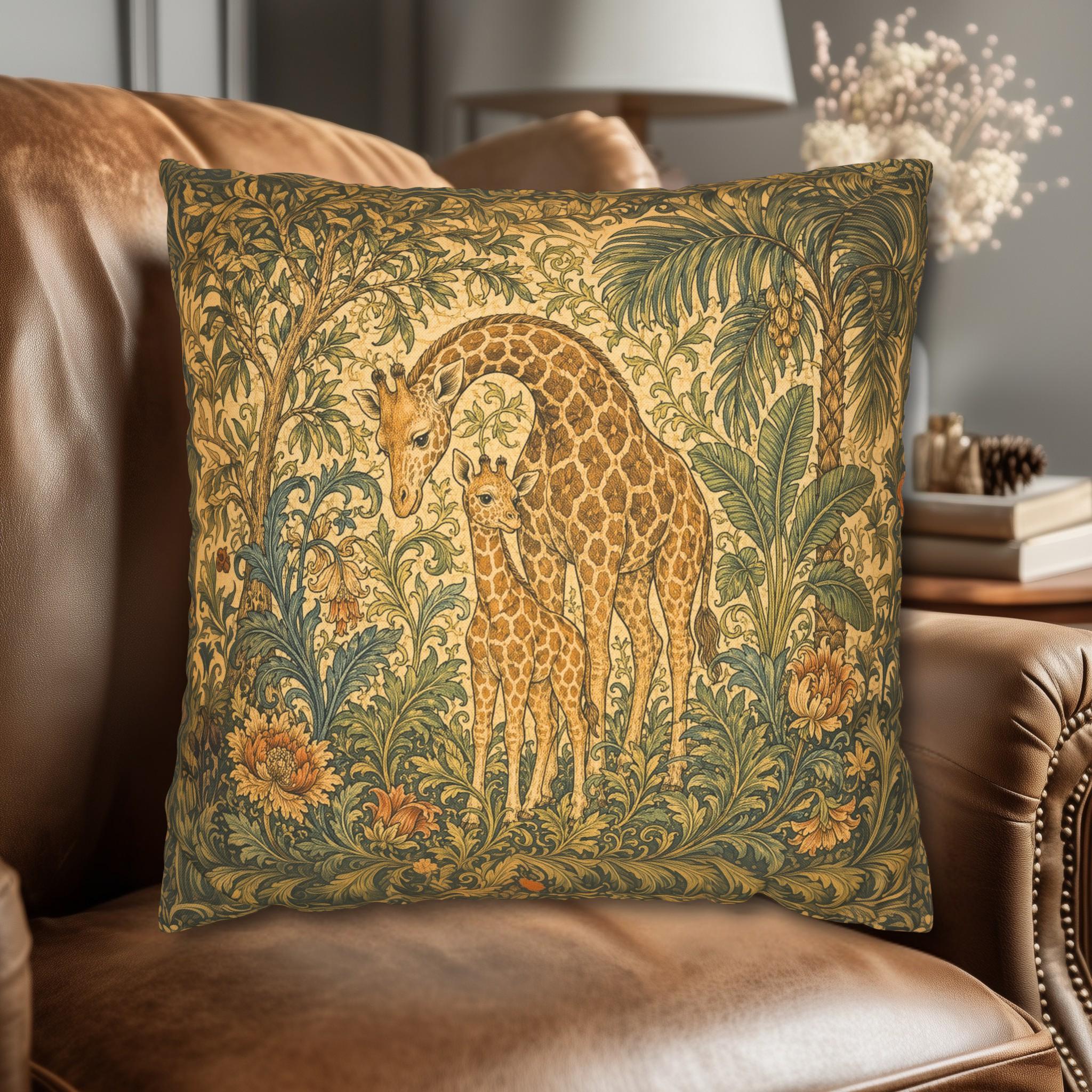 William Morris Style Throw Pillow Cover:  Giraffe Jungle Botanical Design