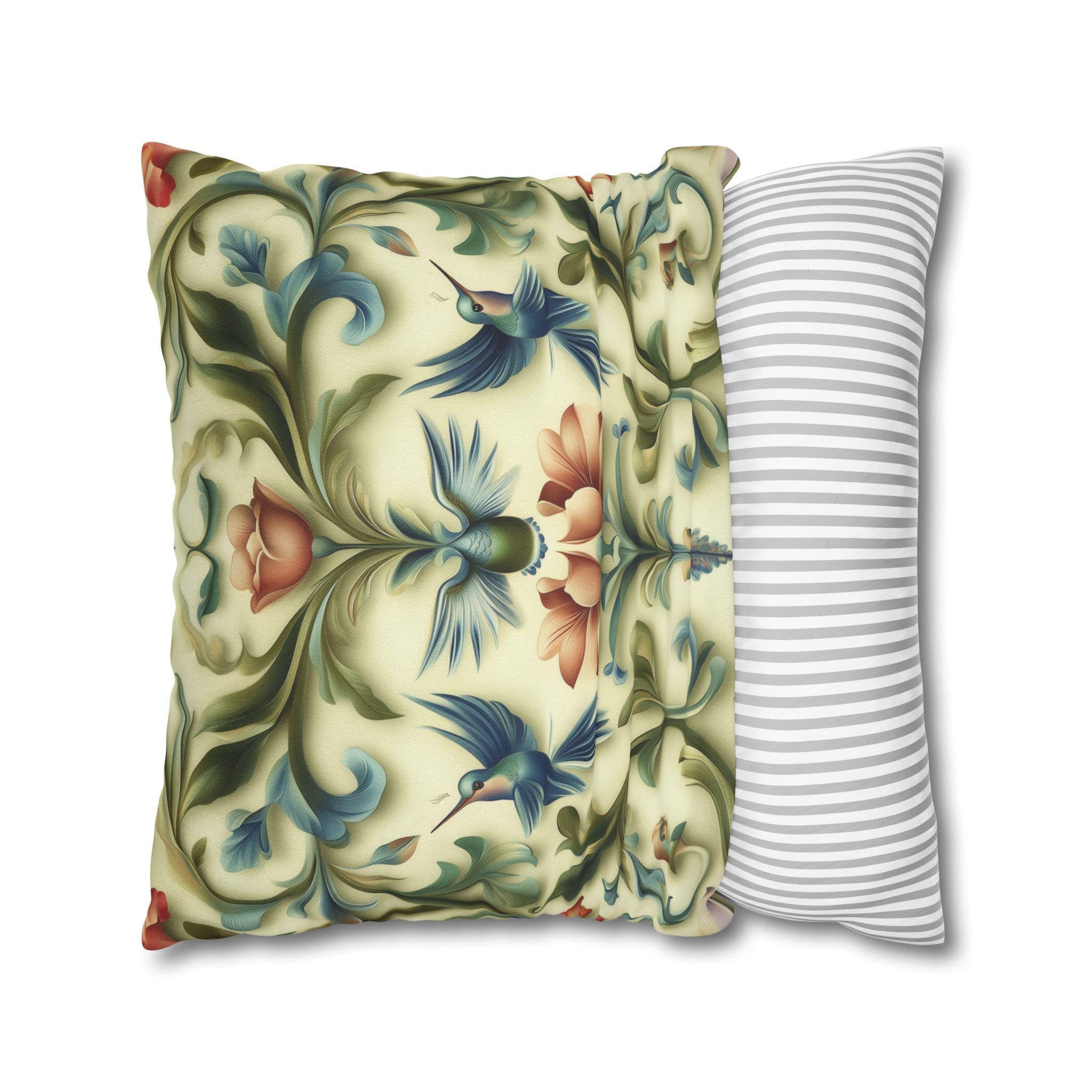 William Morris Inspired Hummingbird Floral Pillow Cover: Vintage Nature Tapestry Cushion Design