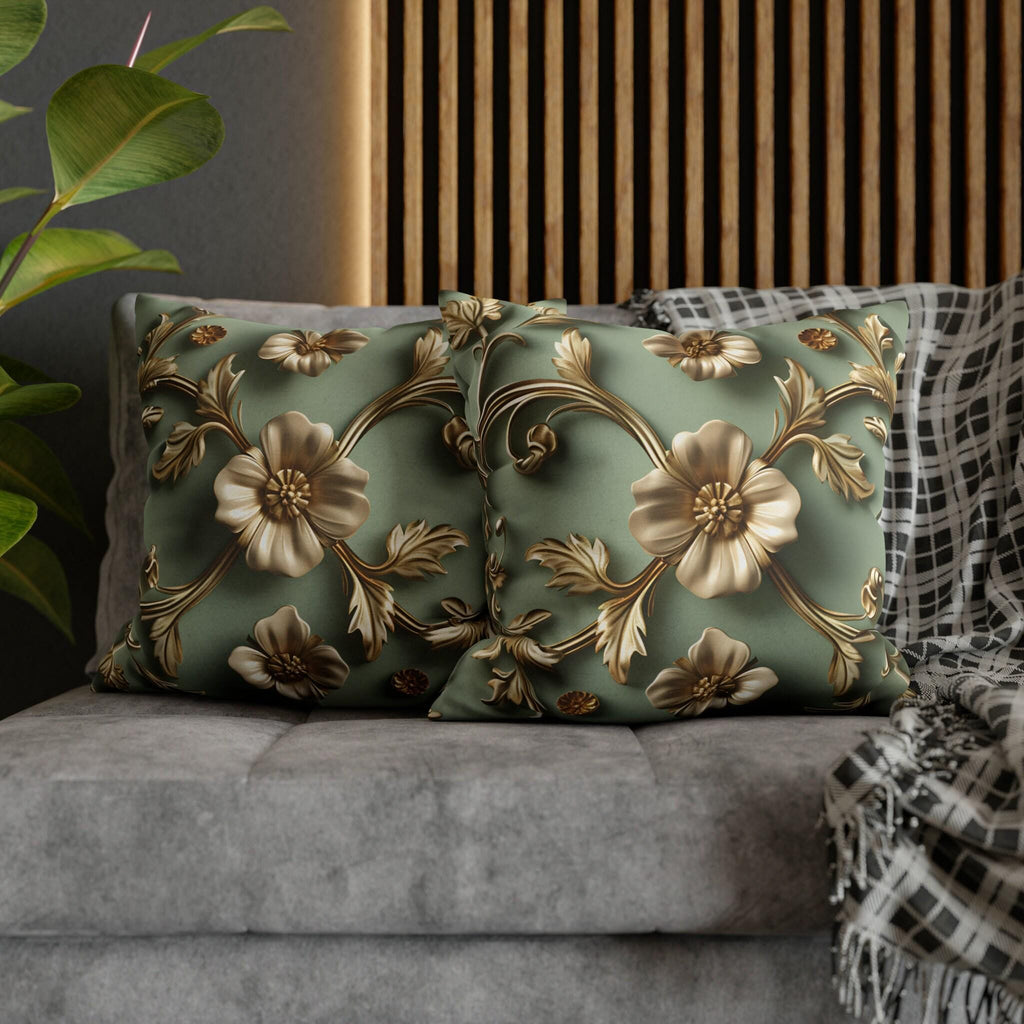 Vintage Style Floral Pillow Cover: Taupe Gold 3D Design on Sage Green