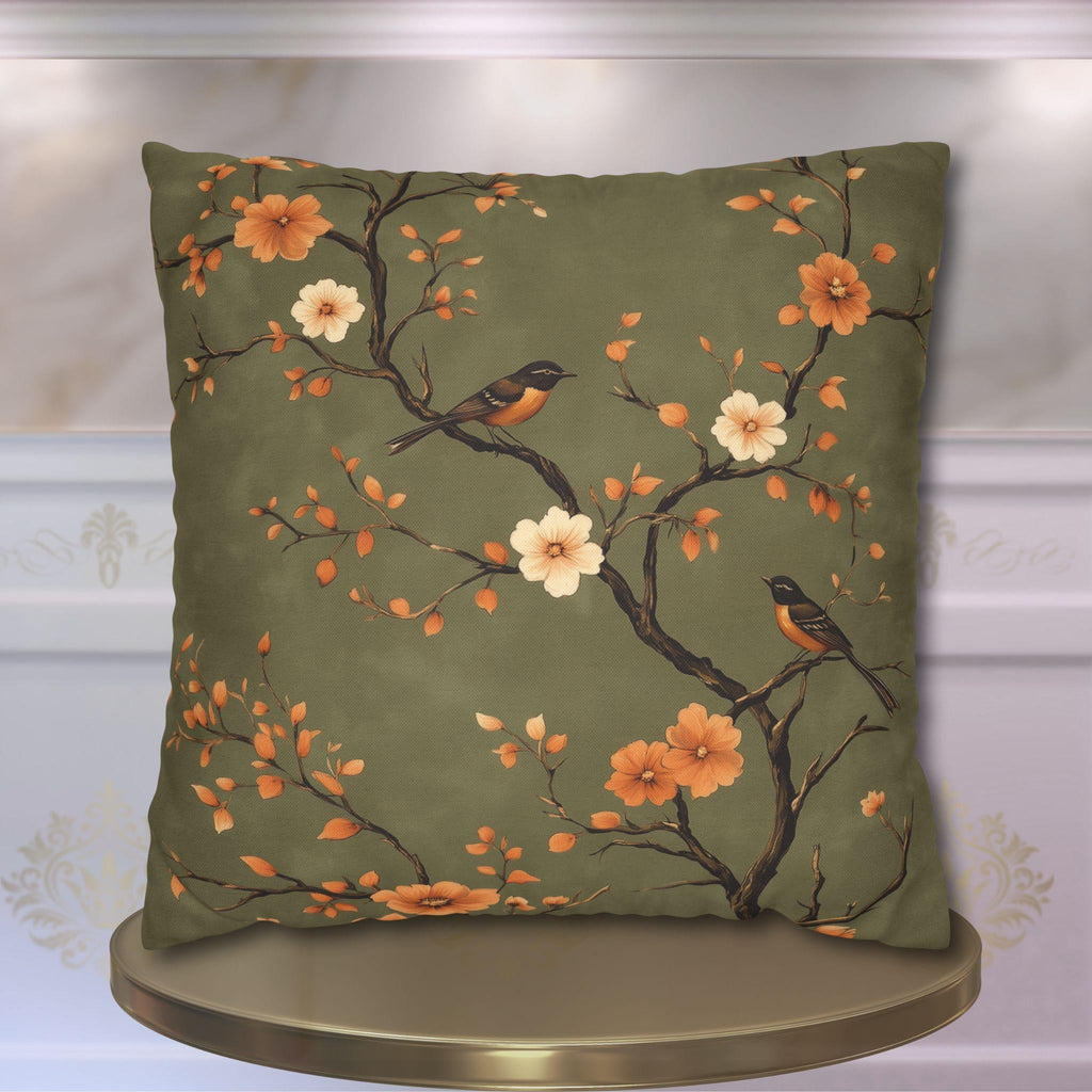 Chinoiserie Bird Pillow Cover: Peach & Brown Floral, Olive Green Accent