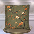 Chinoiserie Bird Pillow Cover: Peach & Brown Floral, Olive Green Accent