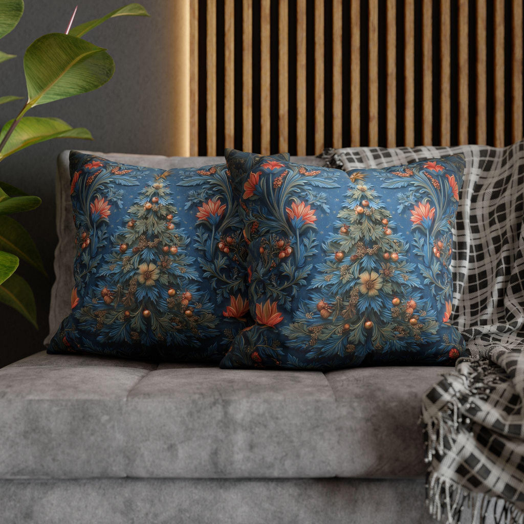 William Morris Inspired Christmas Tree Pillow Cover: Vintage Floral Holiday Design in Navy & Copper