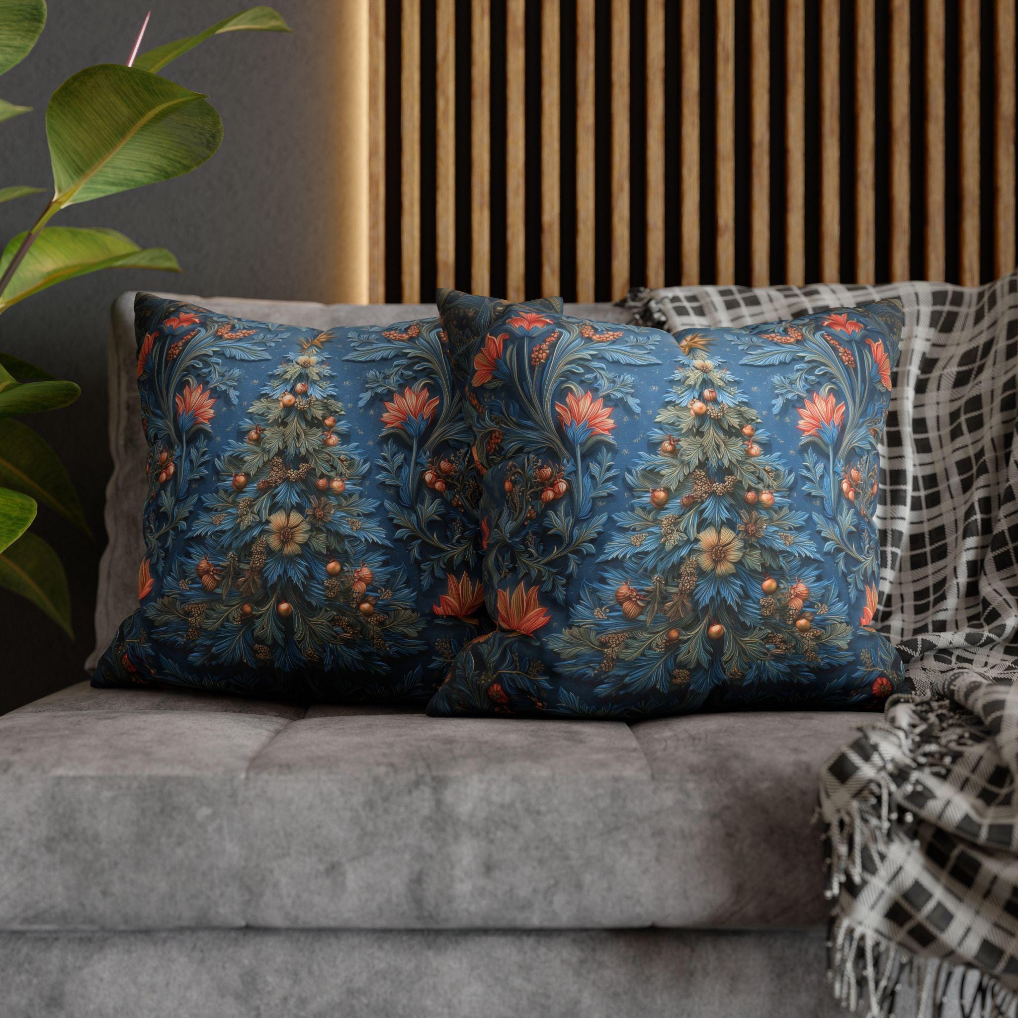 William Morris Inspired Christmas Tree Pillow Cover: Vintage Floral Holiday Design in Navy & Copper