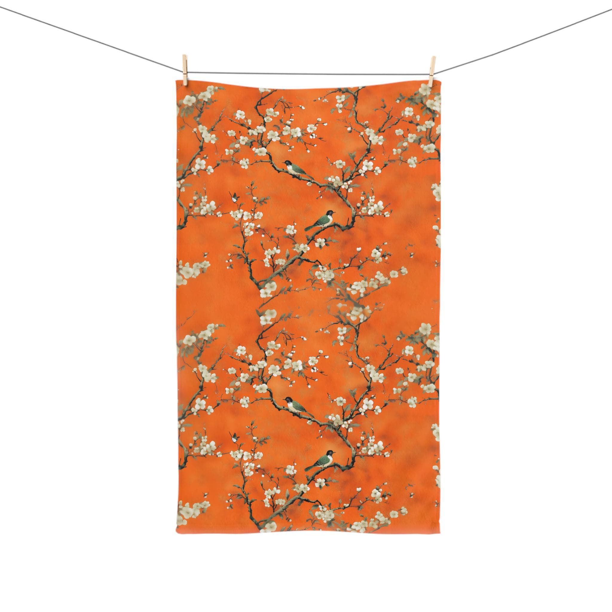 Chinoiserie Hand Towel: Burnt Orange with Blossoms and Birds for Asian-Inspired Decor
