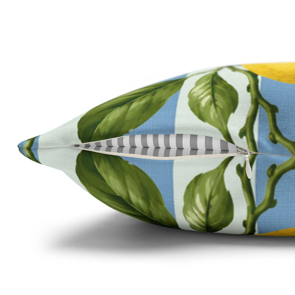Lemon Soft Blue Stripe Pillow Cover: with Green Leaves and White Florals