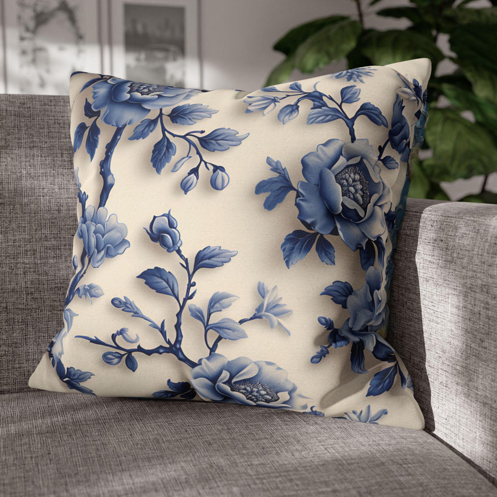Elegant Chinoiserie Blue Floral Pillow Cover: Porcelain-Inspired Off-White