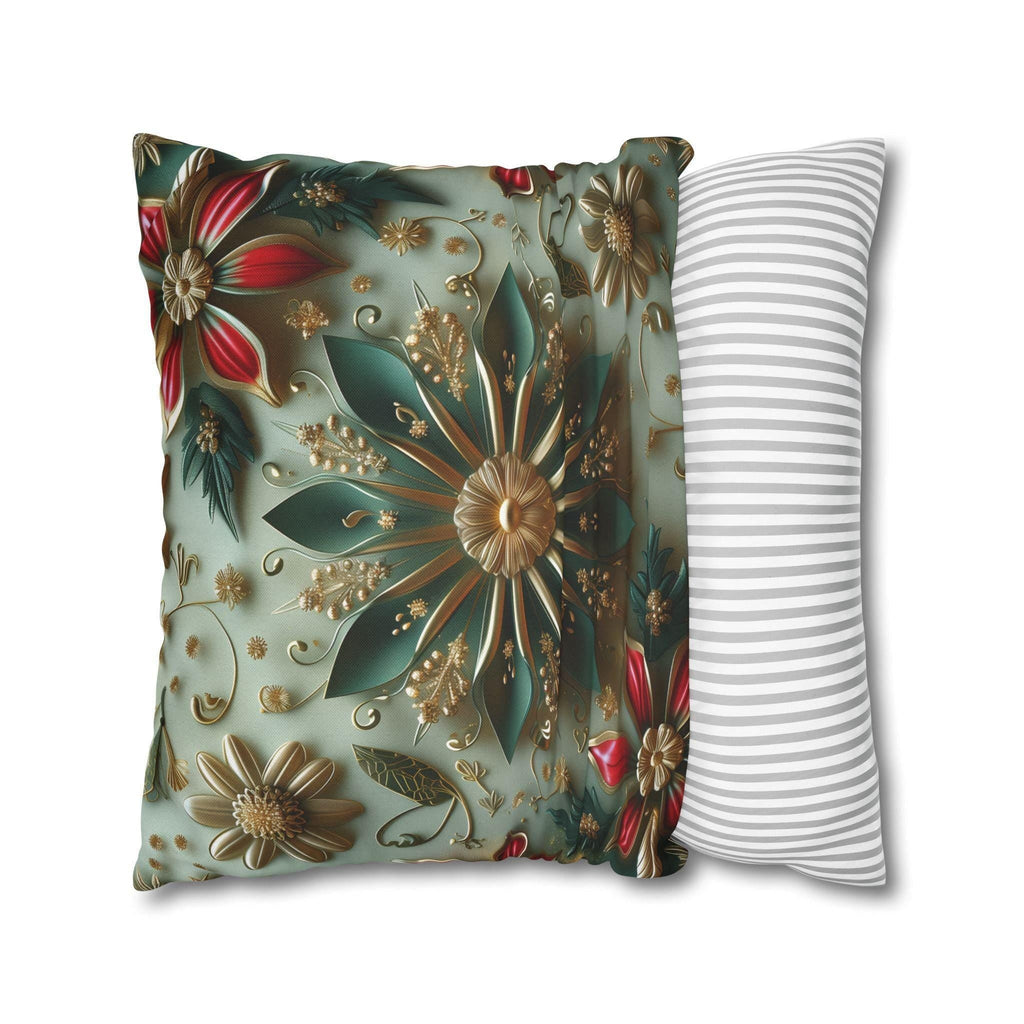 Elegant Christmas Pillow Cover: Snowflake, Poinsettias, Gold Details