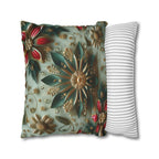 Elegant Christmas Pillow Cover: Snowflake, Poinsettias, Gold Details