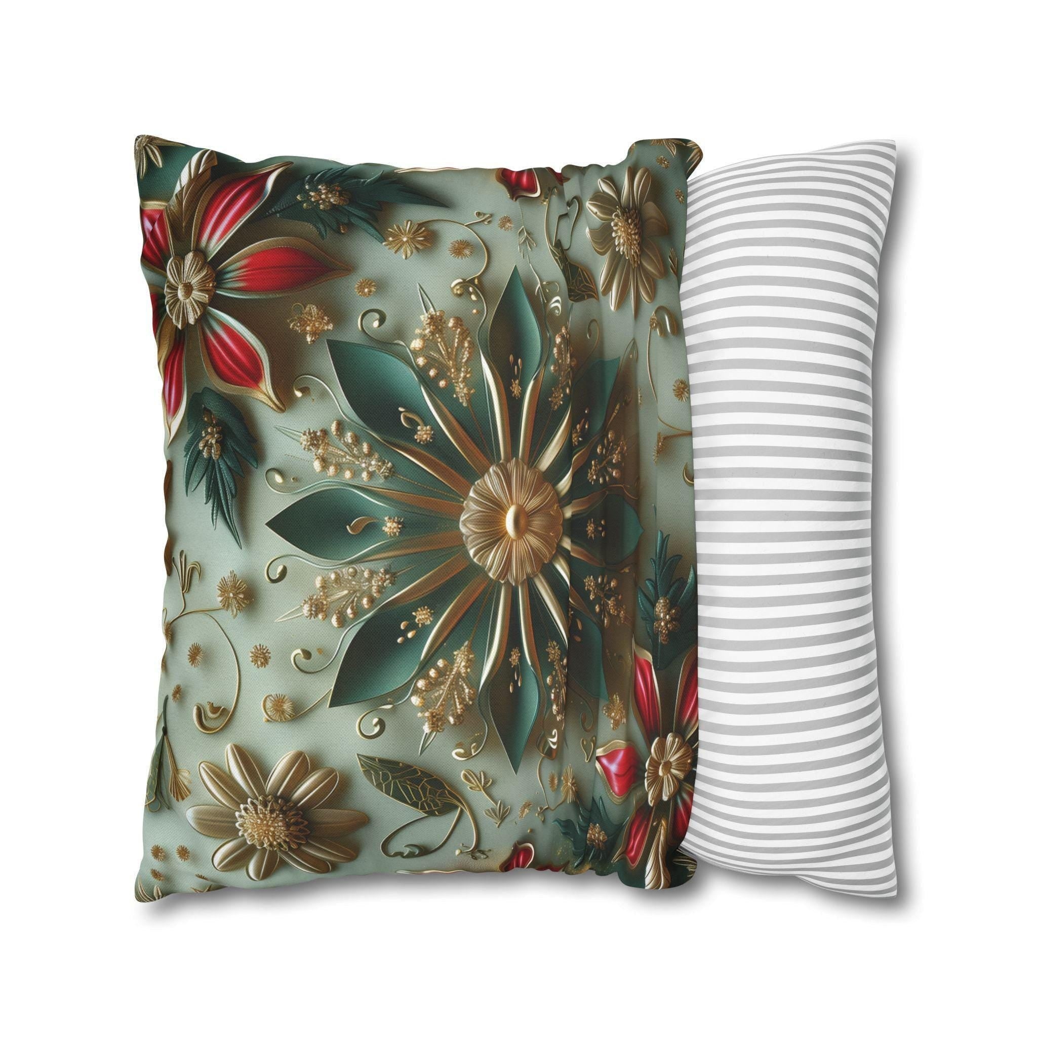Elegant Christmas Pillow Cover: Snowflake, Poinsettias, Gold Details