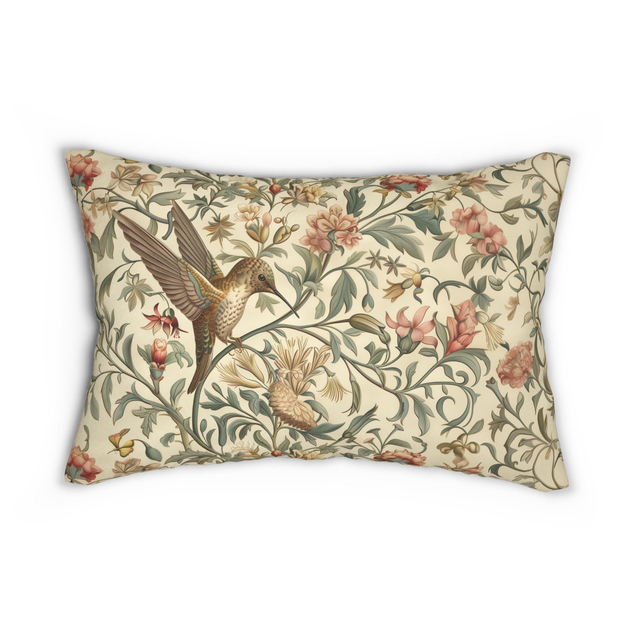 William Morris Hummingbird Lumbar Pillow - Elegant Floral Bird Design in Brown, Gold, and Green