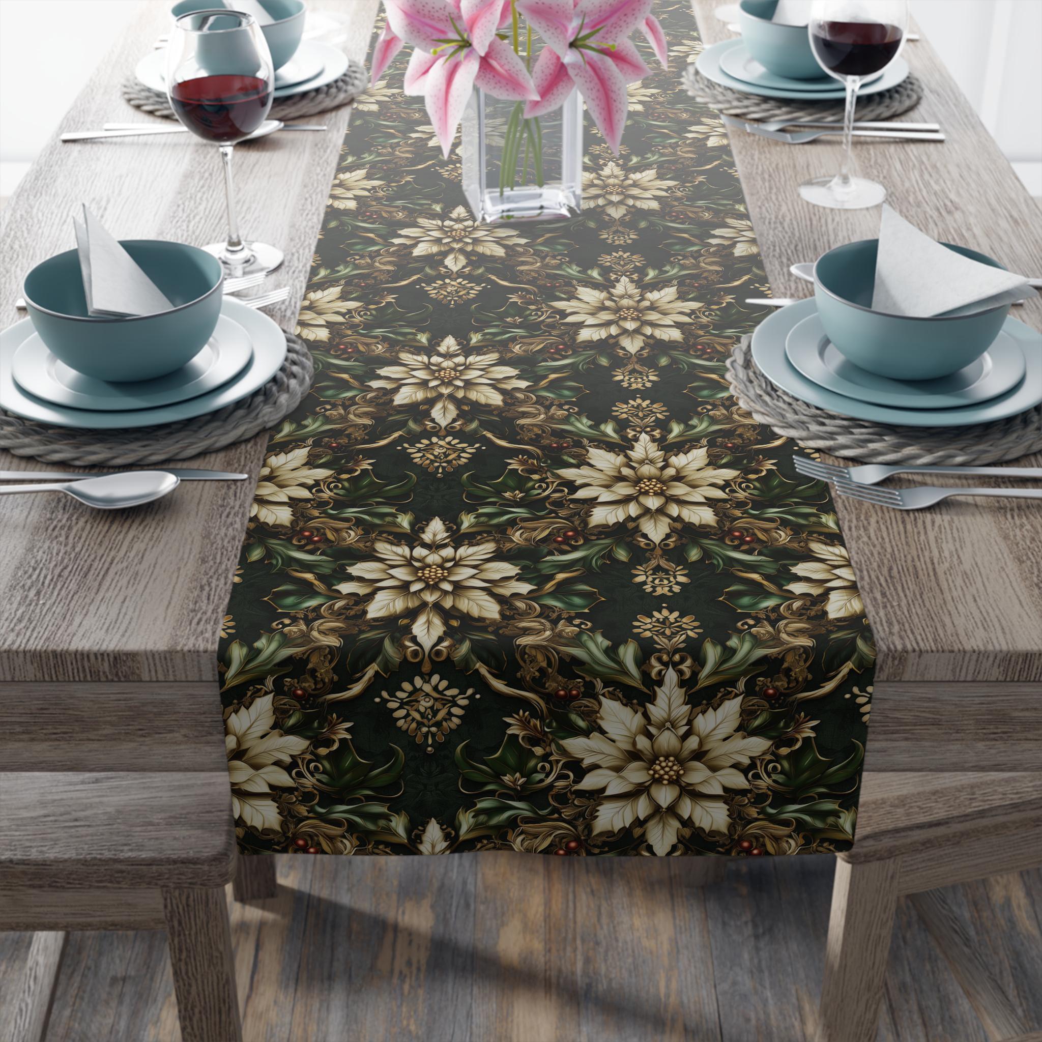 Holiday Poinsettia Table Runner,  Christmas Dining Decor in Red, Green, Gold & Creamy Beige