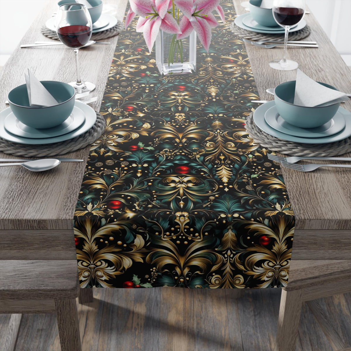 Art Nouveau Christmas Table Runner: Ornate Gold Botanical Holiday Dining Decor