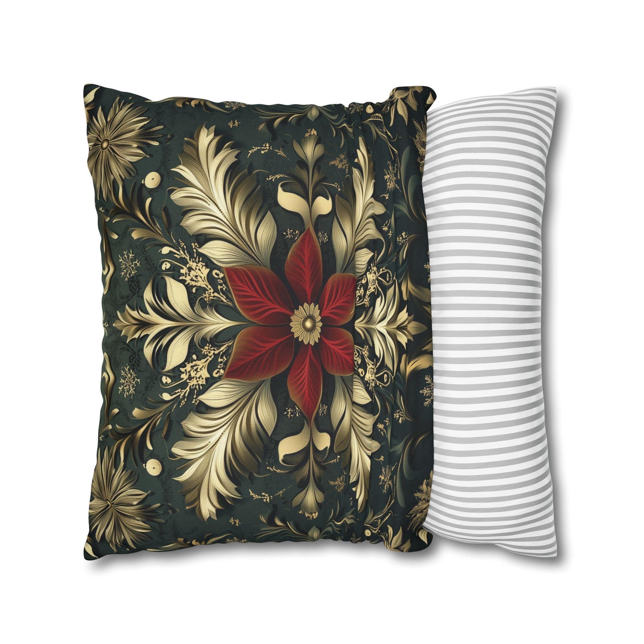 Poinsettia Pillow Cover, Red and Gold, Holiday Home Decor