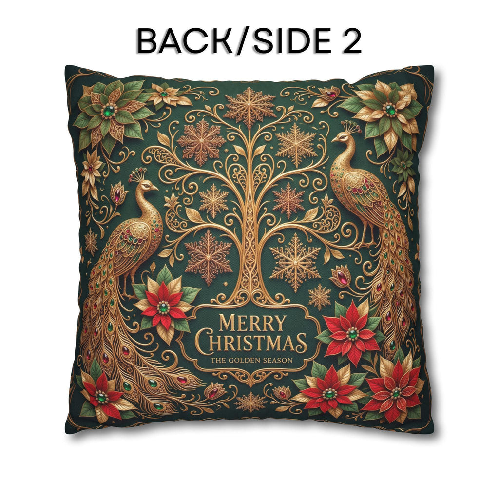 Emerald Green Peacock Christmas Pillow Cover: Gold Poinsettia, Maximalist Holiday