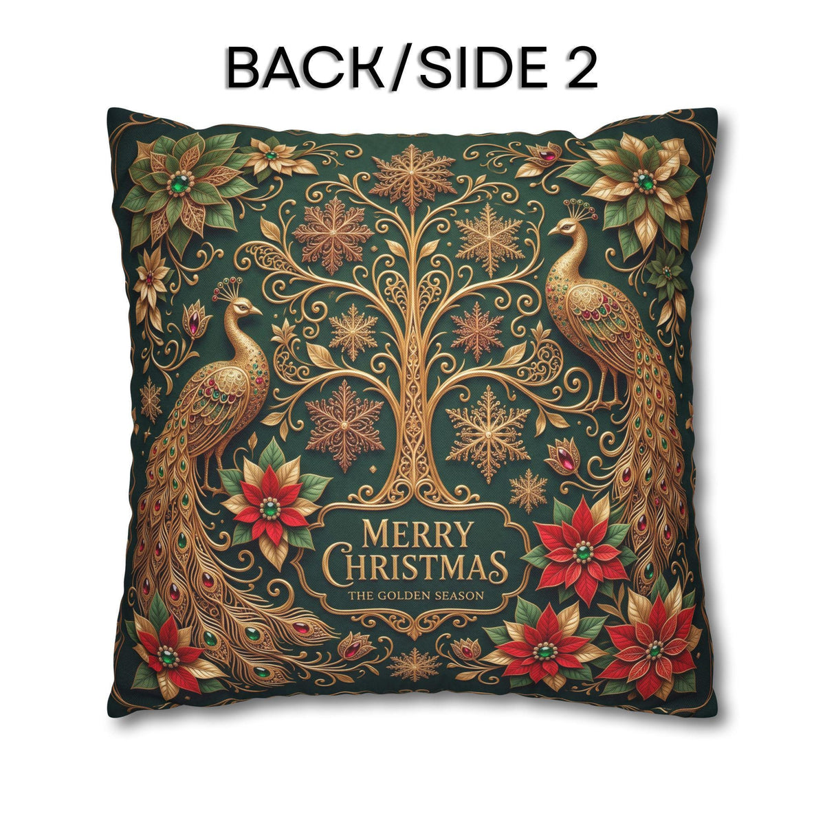 Emerald Green Peacock Christmas Pillow Cover: Gold Poinsettia, Maximalist Holiday