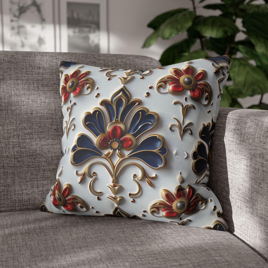 Baroque Floral Pillow Cover: Navy Blue, Gold & Red Accent