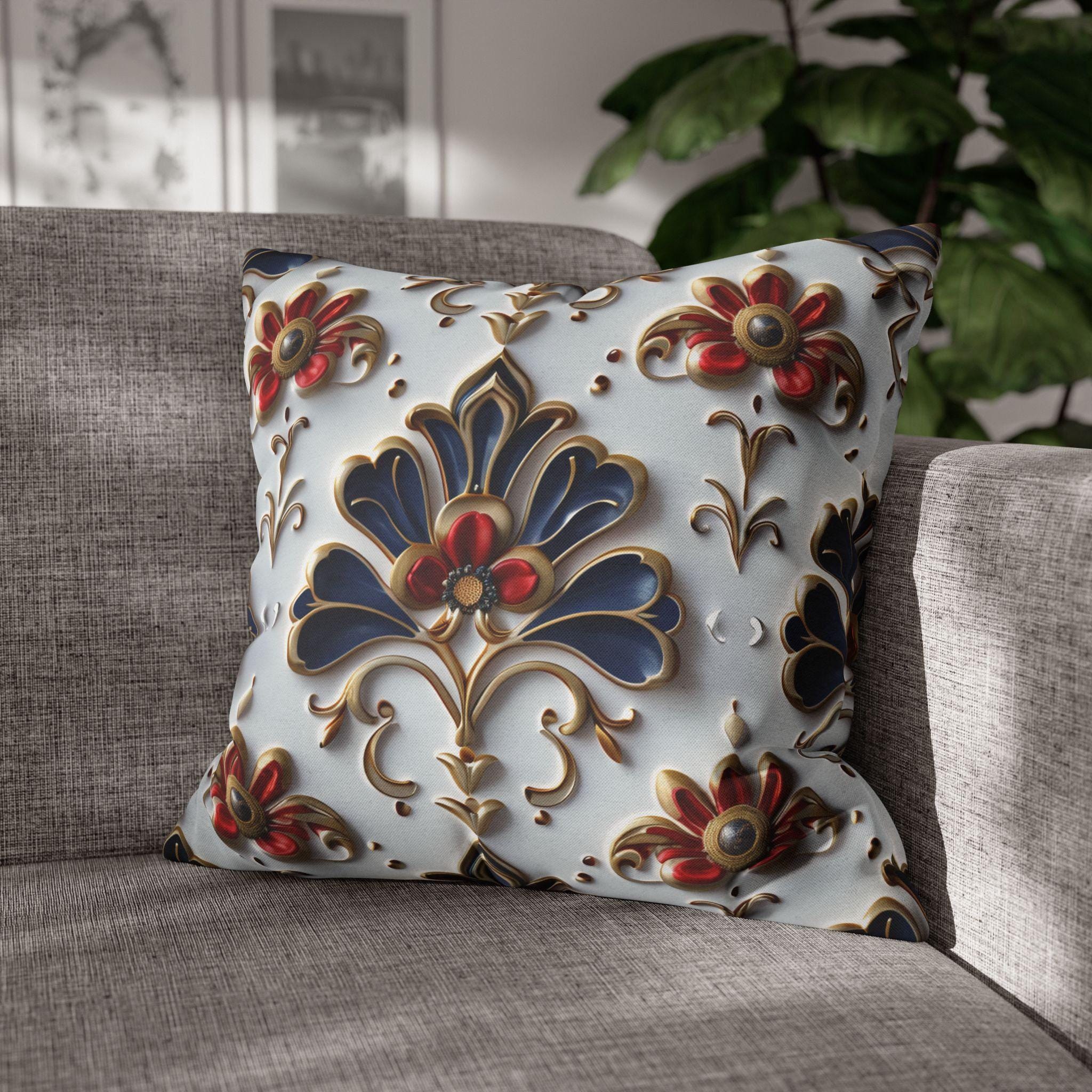 Baroque Floral Pillow Cover: Navy Blue, Gold & Red Accent