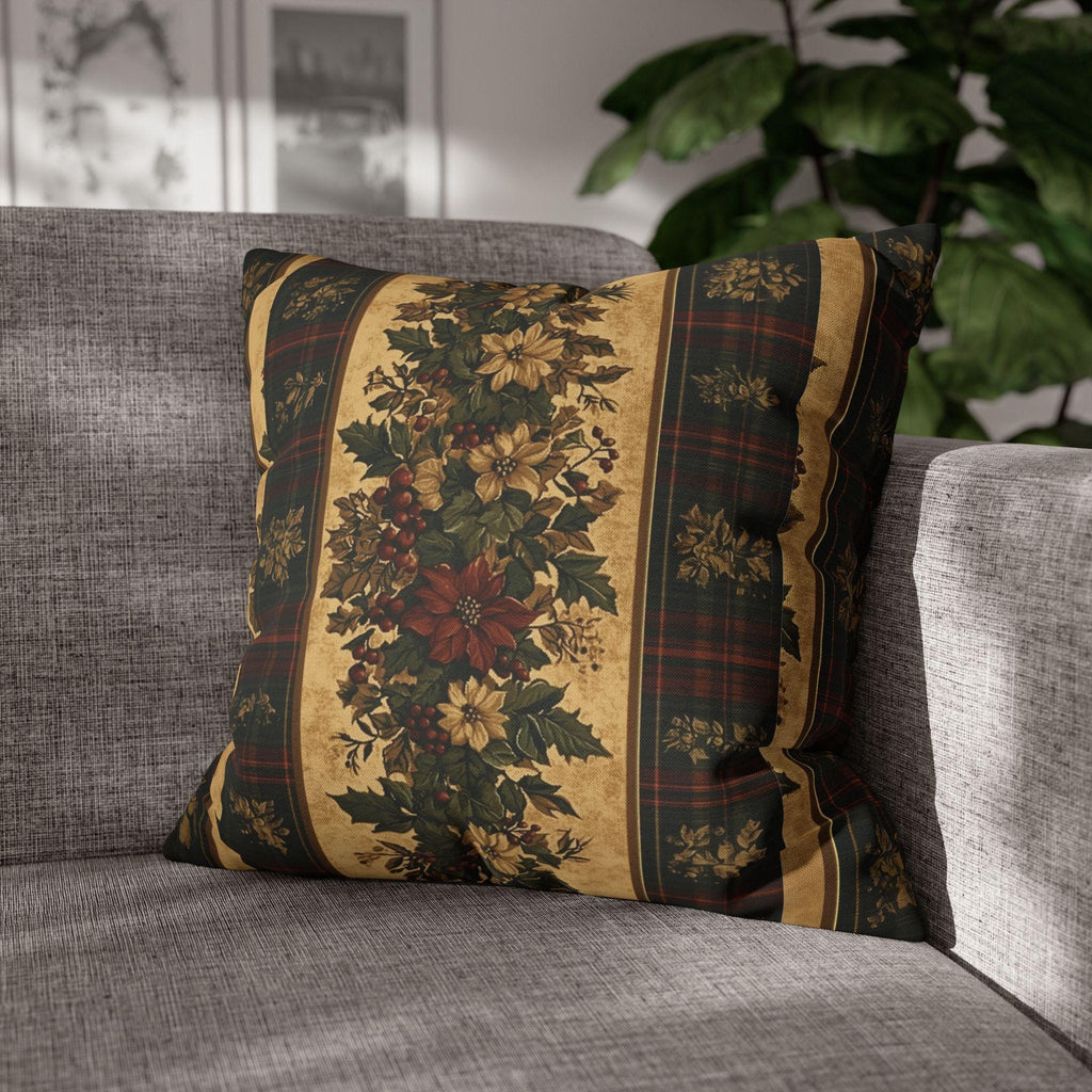 Plaid Botanical Stripes Christmas Throw Pillow Cover: Vintage Style with Poinsettias and Holly