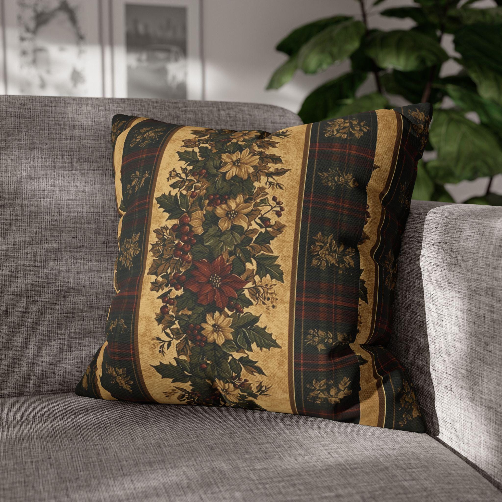 Plaid Botanical Stripes Christmas Throw Pillow Cover: Vintage Style with Poinsettias and Holly