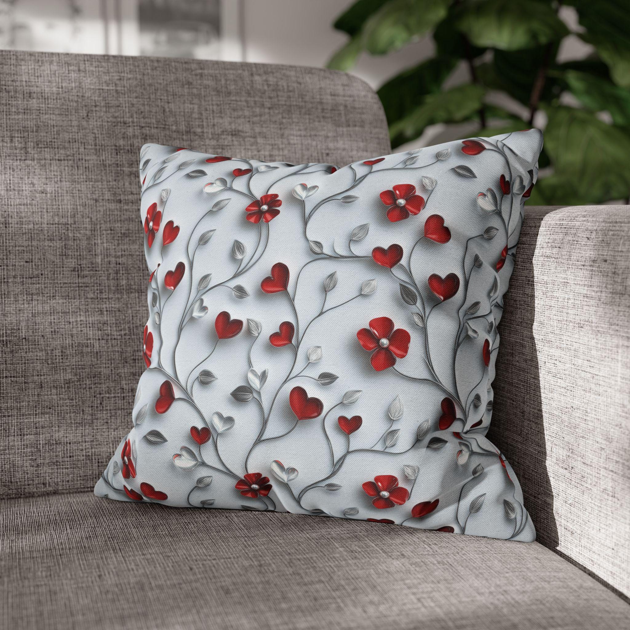 Red Floral Heart Pillow Cover: Romantic Silver Vine Design