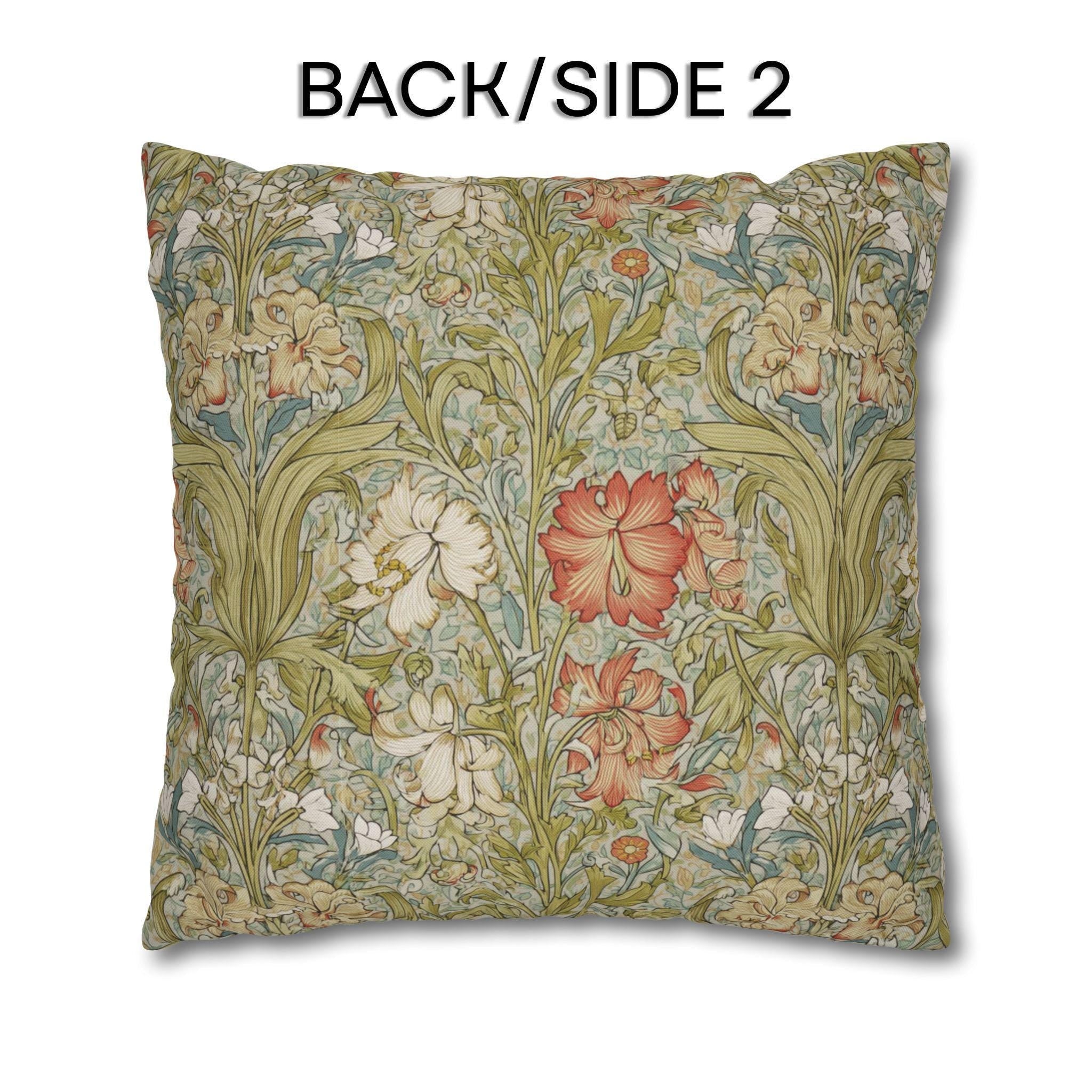 William Morris Style Pillow Cover: Soft Sage, Coral and Ivory Botanical Floral