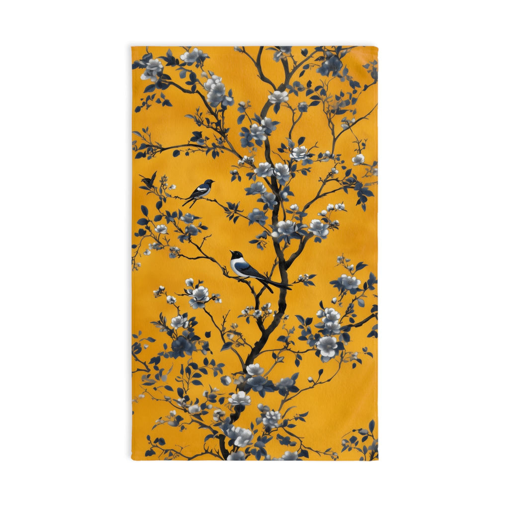 Chinoiserie Blue Birds Hand Towel: Golden Yellow Floral Botanical Bathroom Accent Asian Inspired